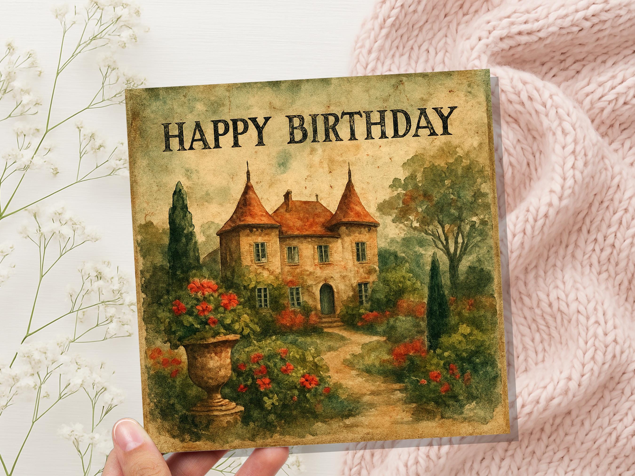 French Chateau Birthday Card, Watercolour Garden Art, Vintage Style Greeting, Unique Card for Her, Romantic Birthday Wishes Chateaucore Art