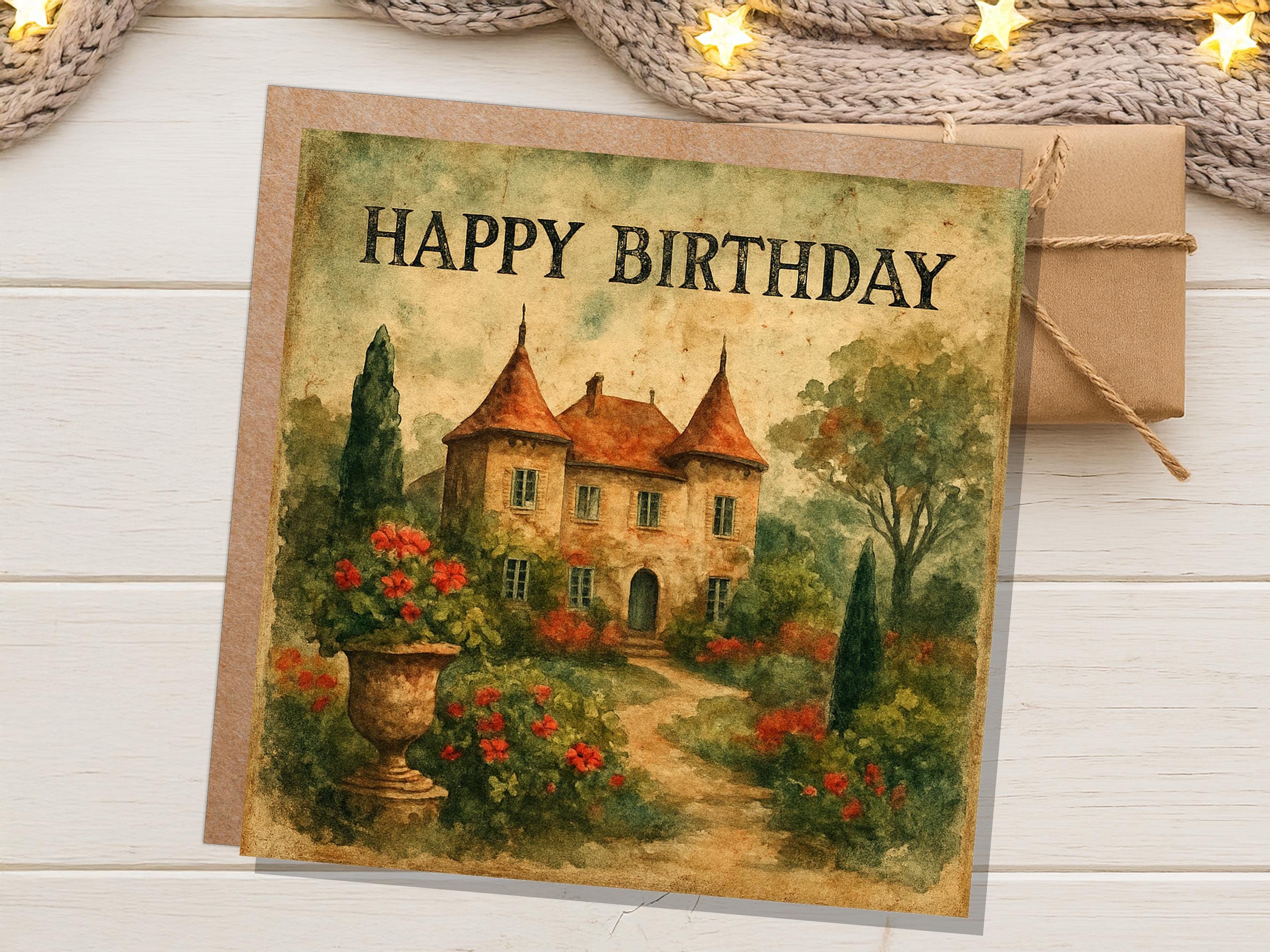 French Chateau Birthday Card, Watercolour Garden Art, Vintage Style Greeting, Unique Card for Her, Romantic Birthday Wishes Chateaucore Art - View 2