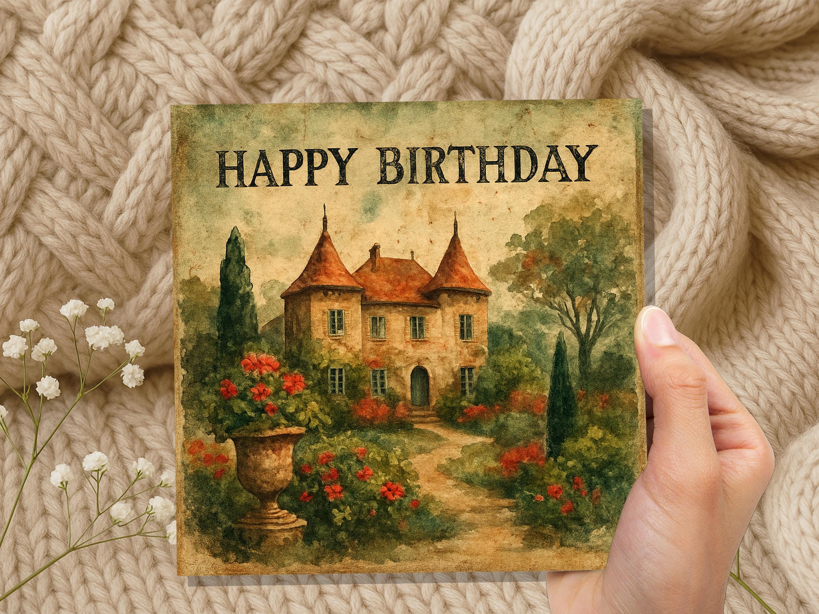 French Chateau Birthday Card, Watercolour Garden Art, Vintage Style Greeting, Unique Card for Her, Romantic Birthday Wishes Chateaucore Art - View 9
