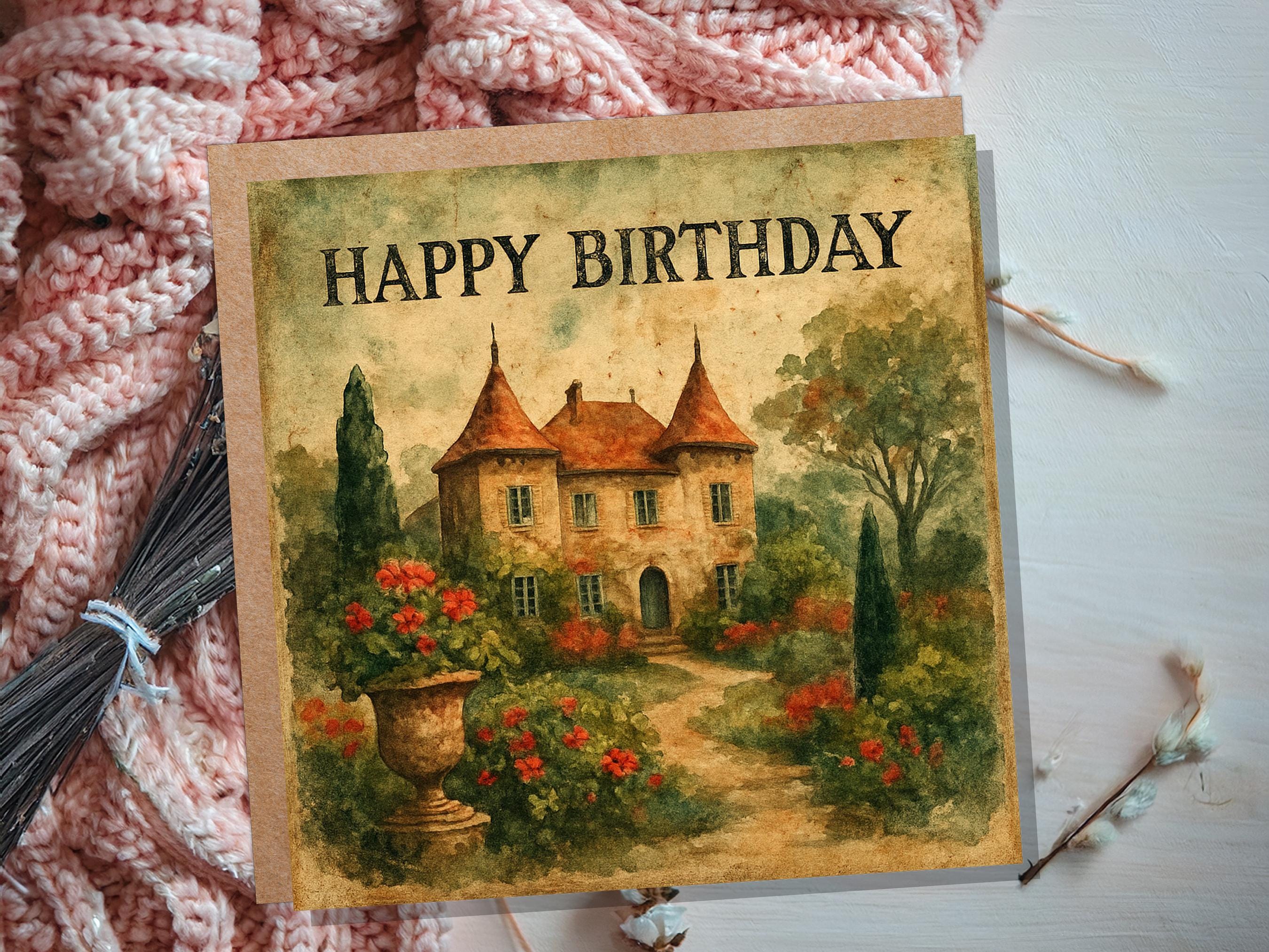 French Chateau Birthday Card, Watercolour Garden Art, Vintage Style Greeting, Unique Card for Her, Romantic Birthday Wishes Chateaucore Art - View 3
