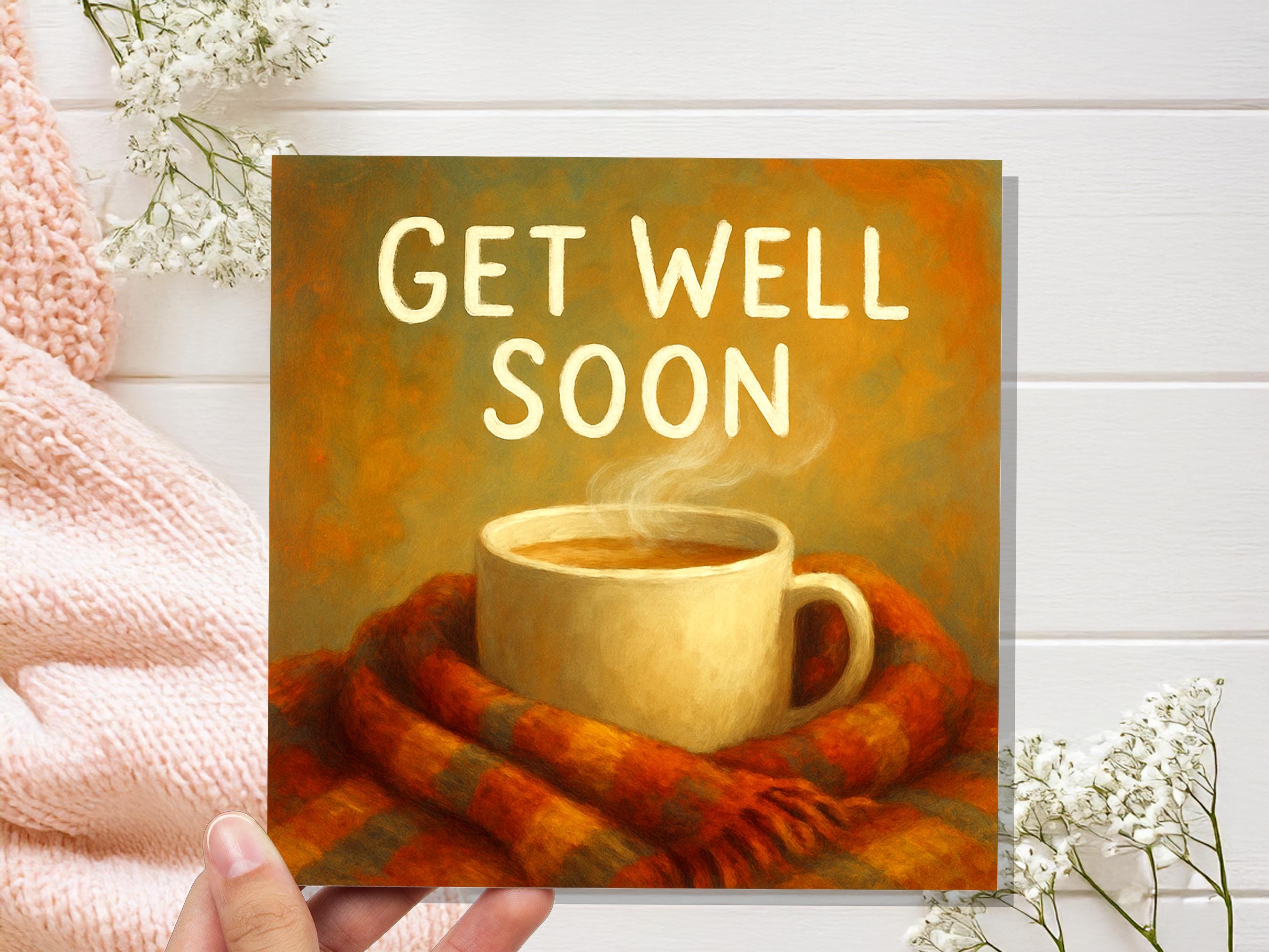 Cosy Mug & Blanket Hug Get Well Soon Card, Thinking Of You, Heartfelt Wishes, for Work Friend Family Winter Virus Cold and Flu Recovery Cup