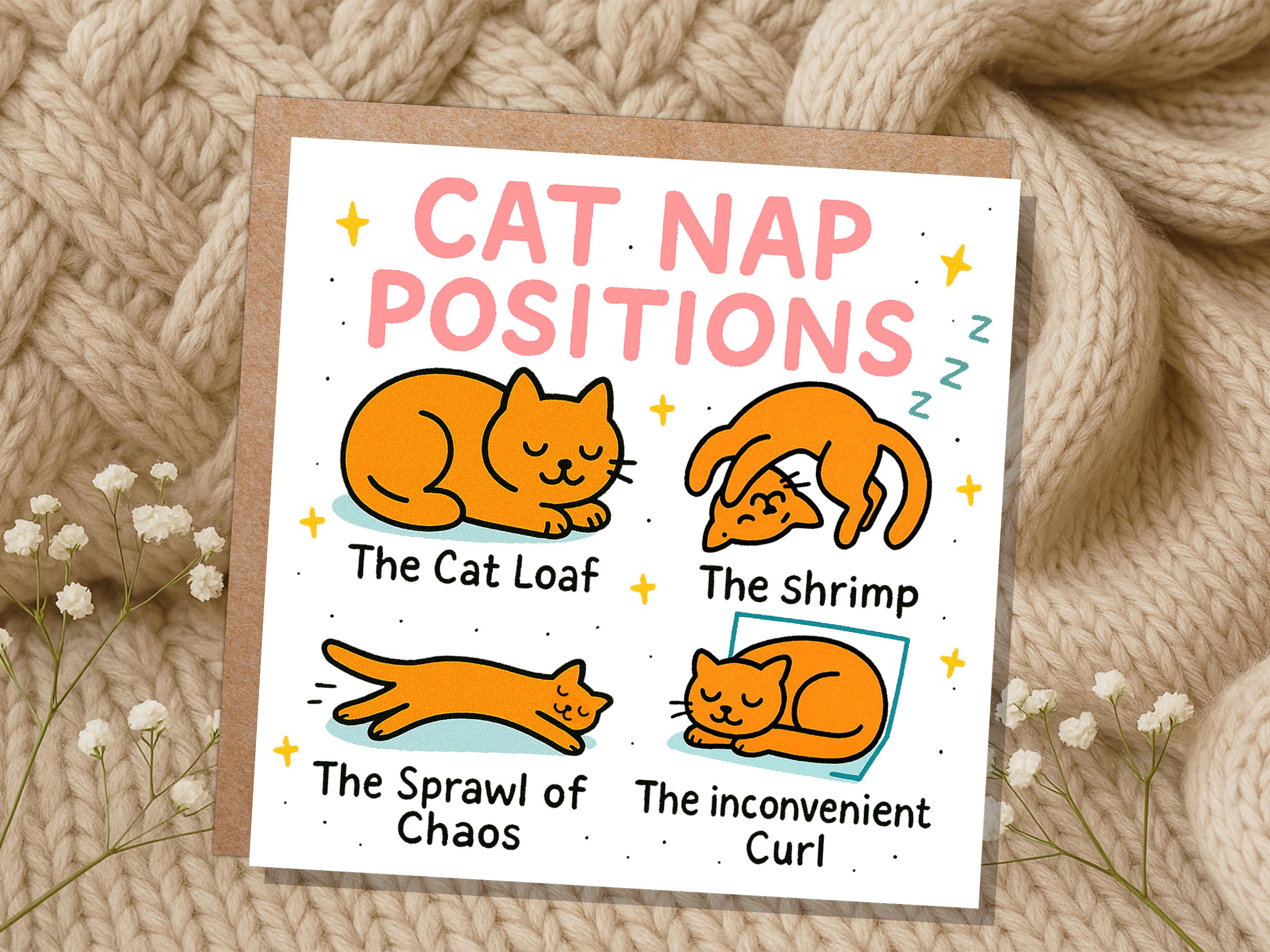 Funny Cat Nap Positions Card | Sleeping Cat Loaf Humour | Relatable Birthday Gift for Cat Mum Dad | Cute Card for Cat Lovers from the Cat - View 3