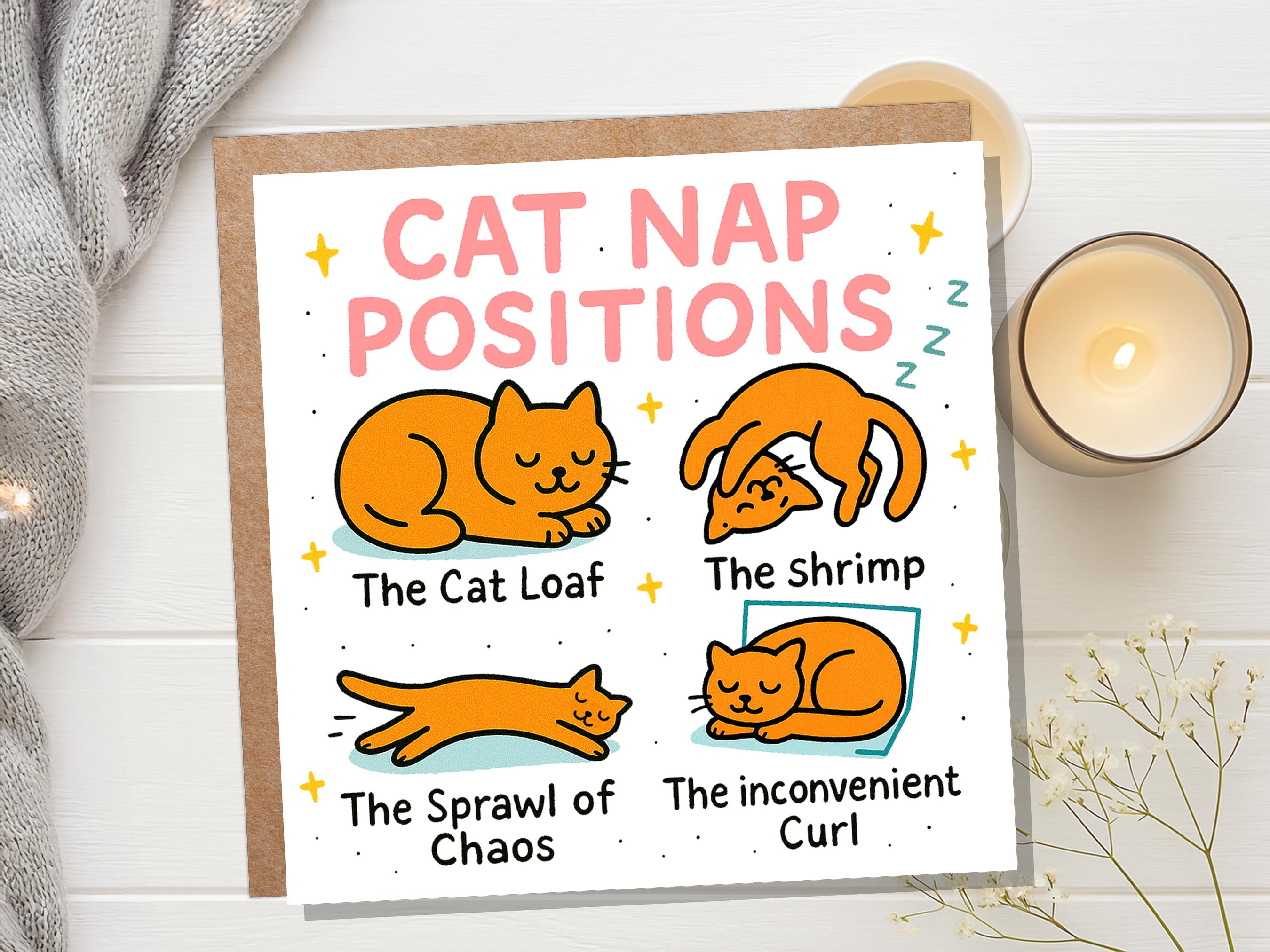 Funny Cat Nap Positions Card | Sleeping Cat Loaf Humour | Relatable Birthday Gift for Cat Mum Dad | Cute Card for Cat Lovers from the Cat - View 2