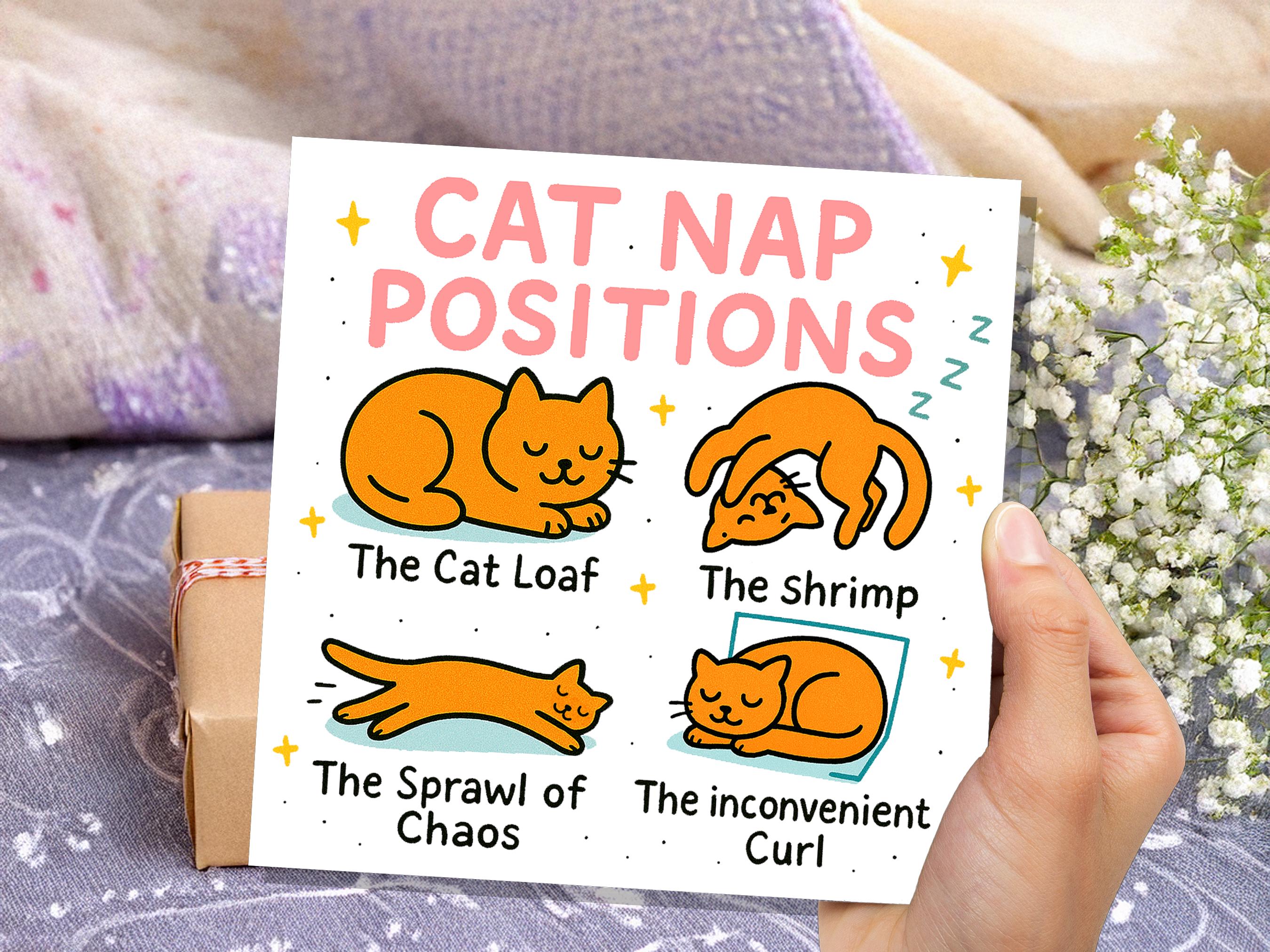 Funny Cat Nap Positions Card | Sleeping Cat Loaf Humour | Relatable Birthday Gift for Cat Mum Dad | Cute Card for Cat Lovers from the Cat - View 8