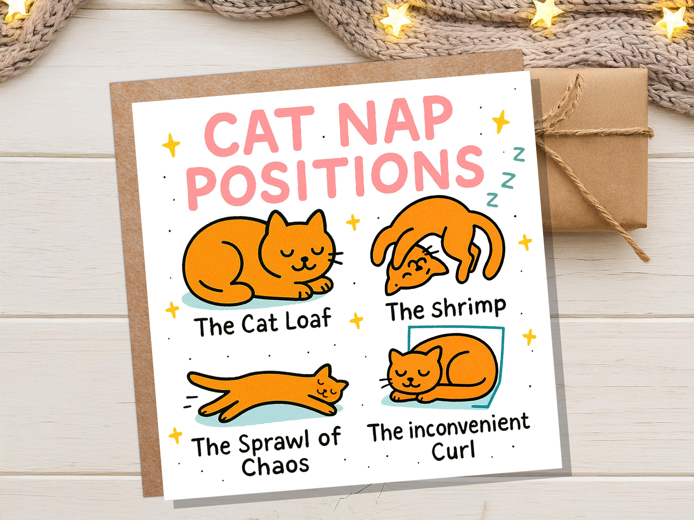 Funny Cat Nap Positions Card | Sleeping Cat Loaf Humour | Relatable Birthday Gift for Cat Mum Dad | Cute Card for Cat Lovers from the Cat - View 4