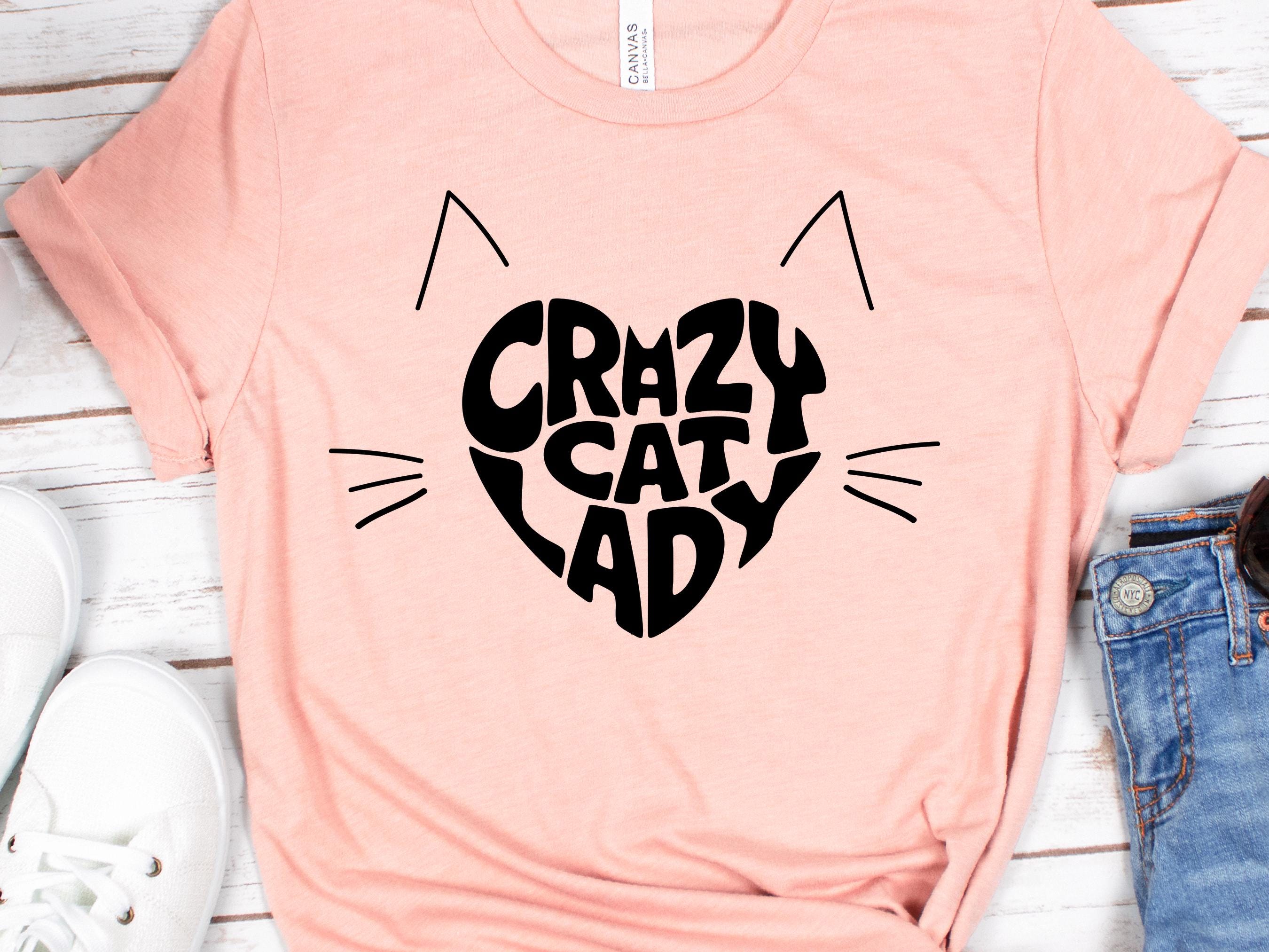 Crazy Cat Lady T-Shirt, Quirky Heart Cat Face Quote Shirt | Cat Obsessed Mum Tee, Cute Cat Lover Gift, Funny Cat Owner Top, Retro Lettering