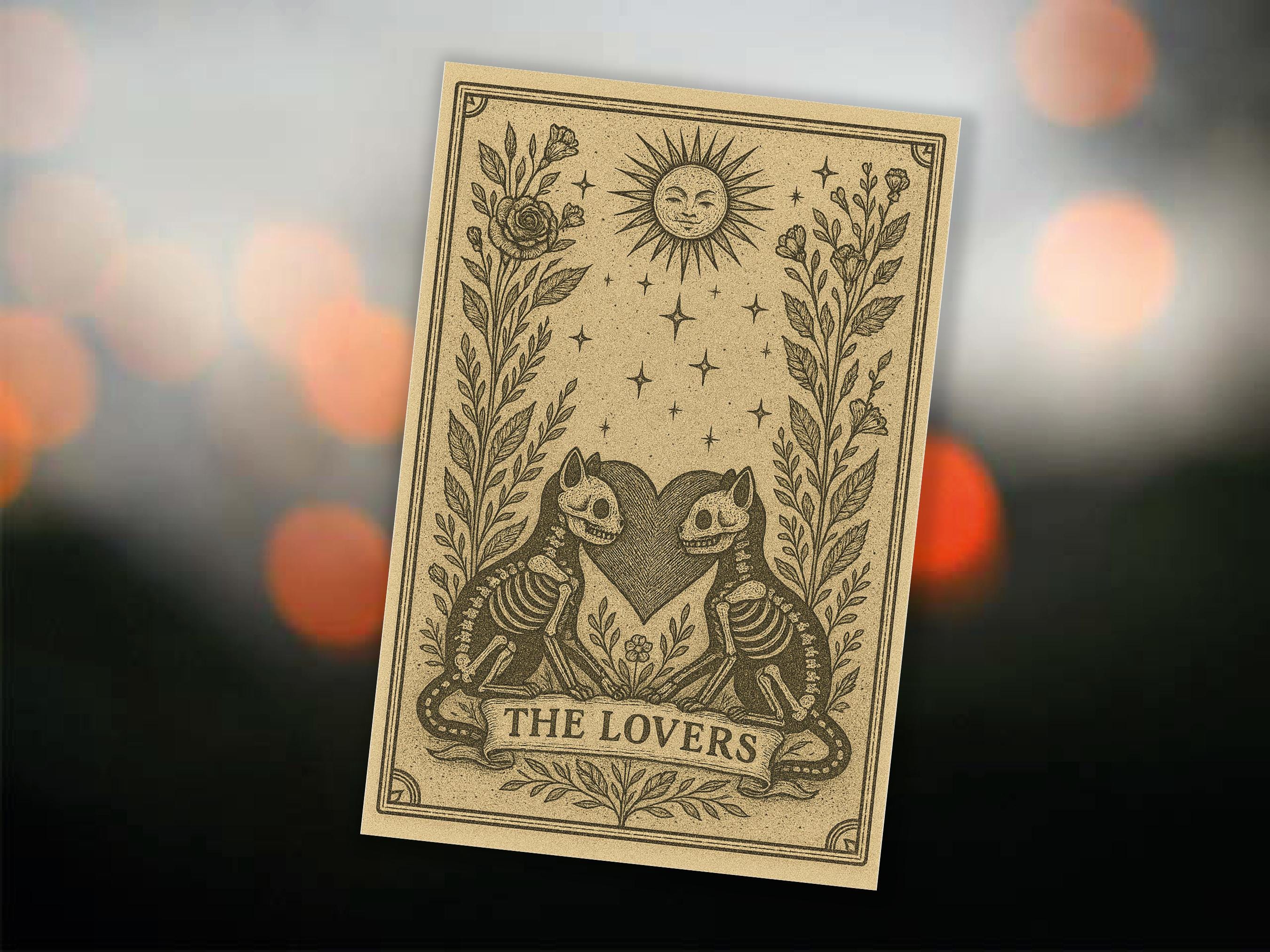 The Lovers Tarot Card Skeleton Cats Gothic Art Witchy Valentine Macabre Love Gift Halloween Anniversary Card Husband Wife Romantic Wedding - View 3