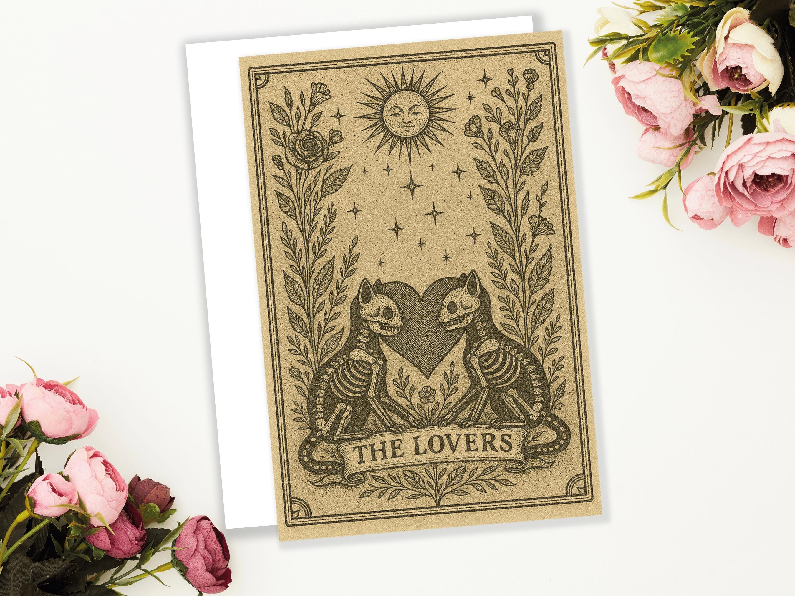 The Lovers Tarot Card Skeleton Cats Gothic Art Witchy Valentine Macabre Love Gift Halloween Anniversary Card Husband Wife Romantic Wedding - View 9
