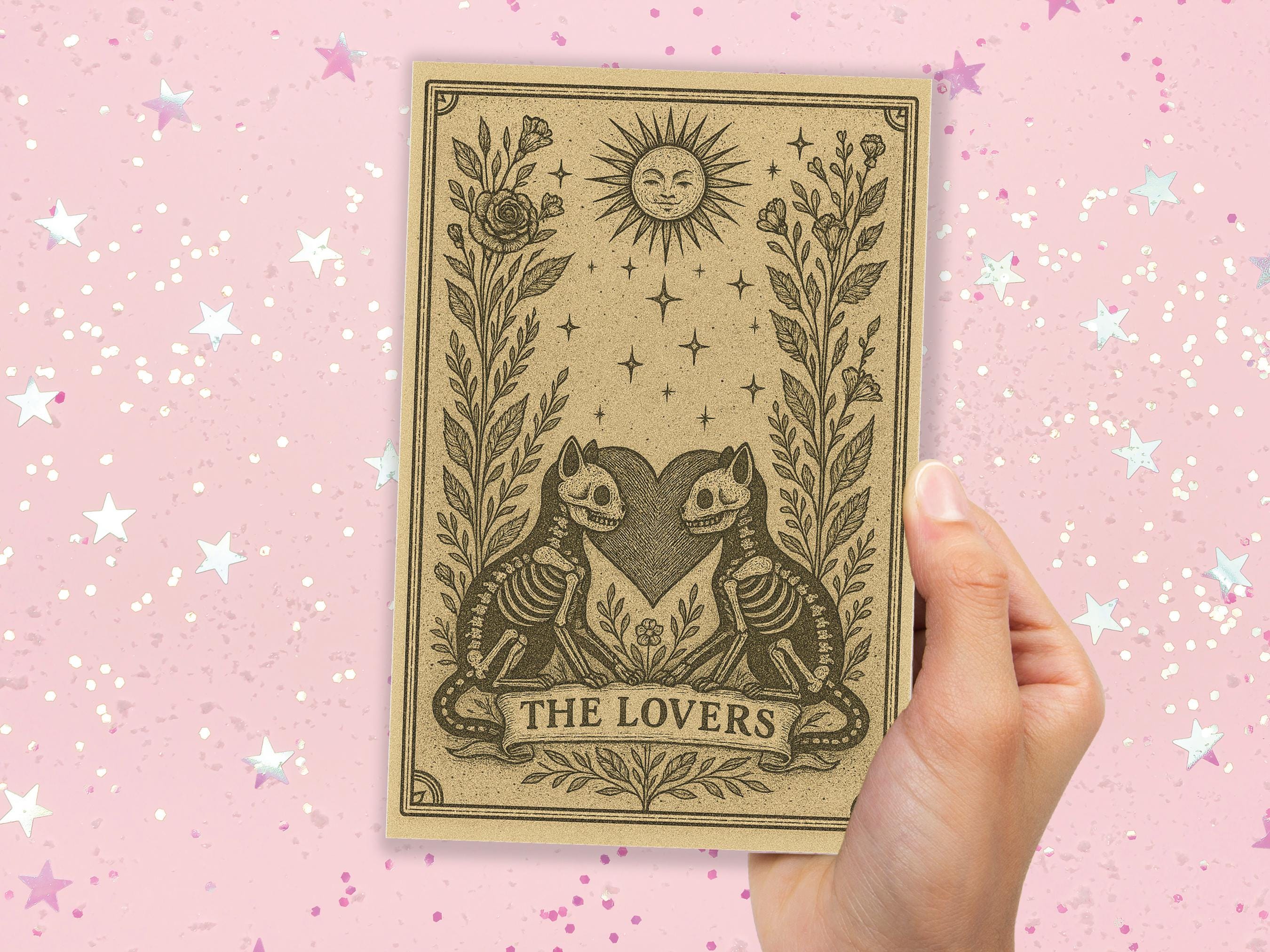 The Lovers Tarot Card Skeleton Cats Gothic Art Witchy Valentine Macabre Love Gift Halloween Anniversary Card Husband Wife Romantic Wedding - View 6