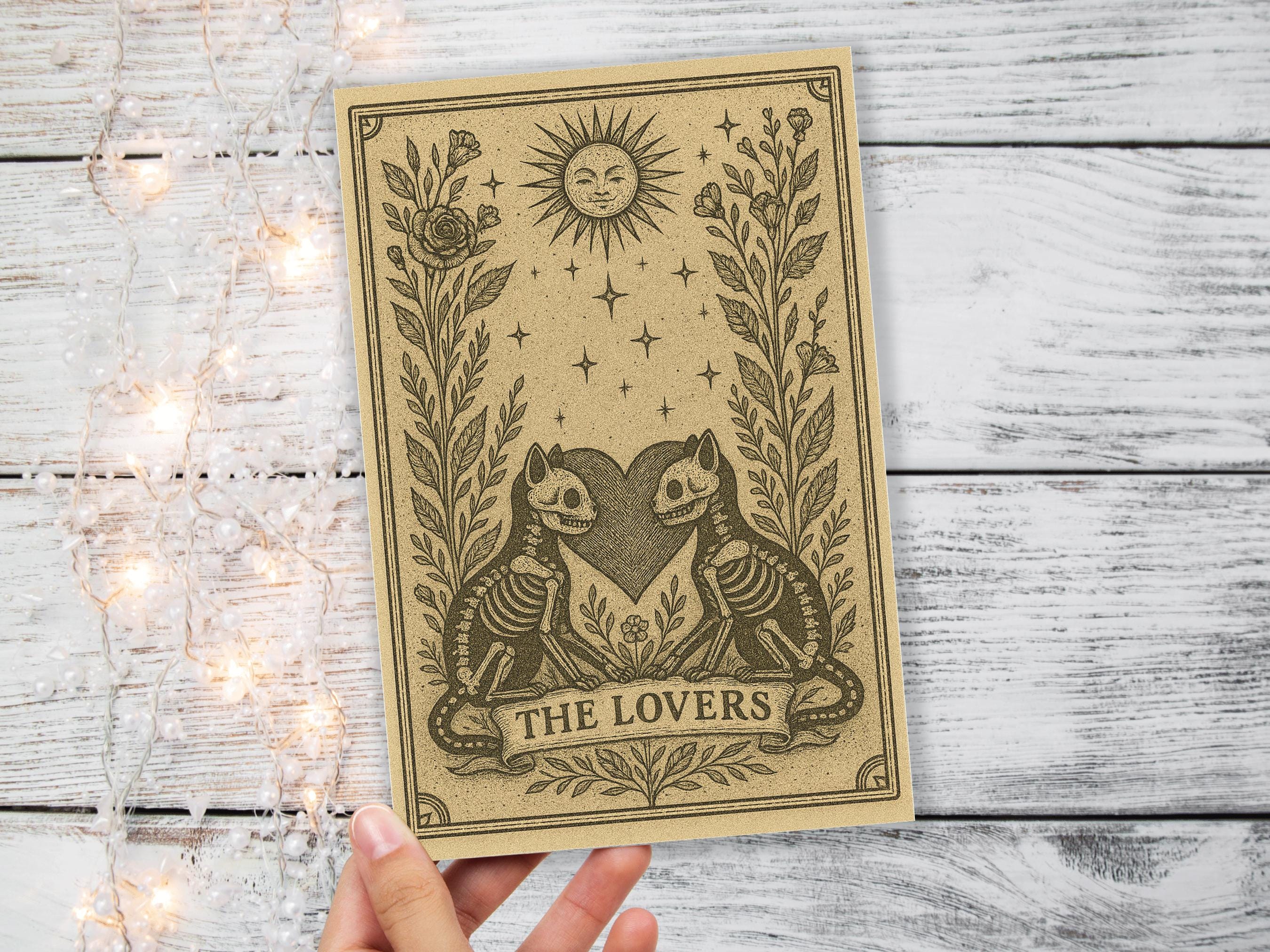 The Lovers Tarot Card Skeleton Cats Gothic Art Witchy Valentine Macabre Love Gift Halloween Anniversary Card Husband Wife Romantic Wedding - View 2