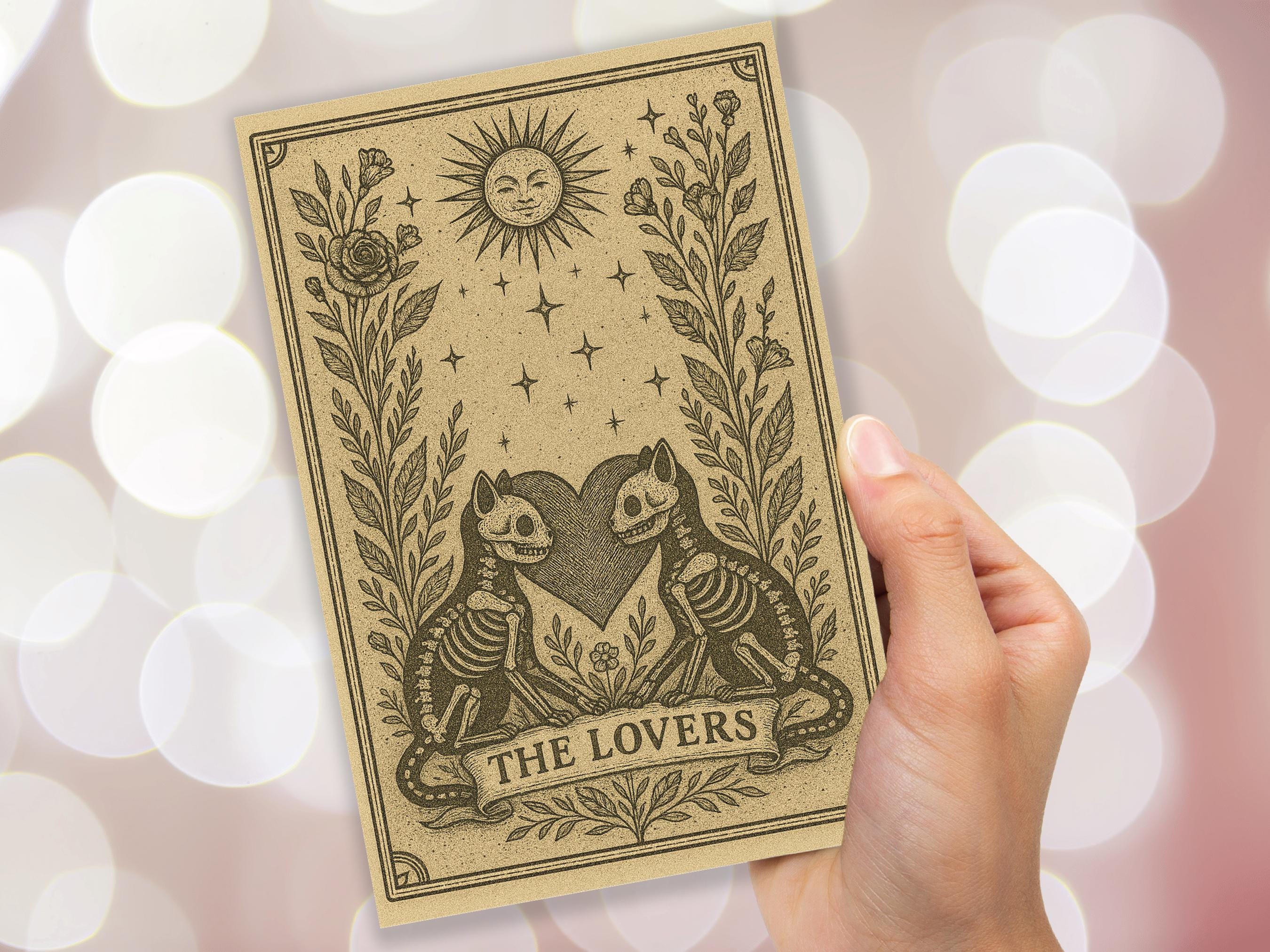 The Lovers Tarot Card Skeleton Cats Gothic Art Witchy Valentine Macabre Love Gift Halloween Anniversary Card Husband Wife Romantic Wedding - View 4