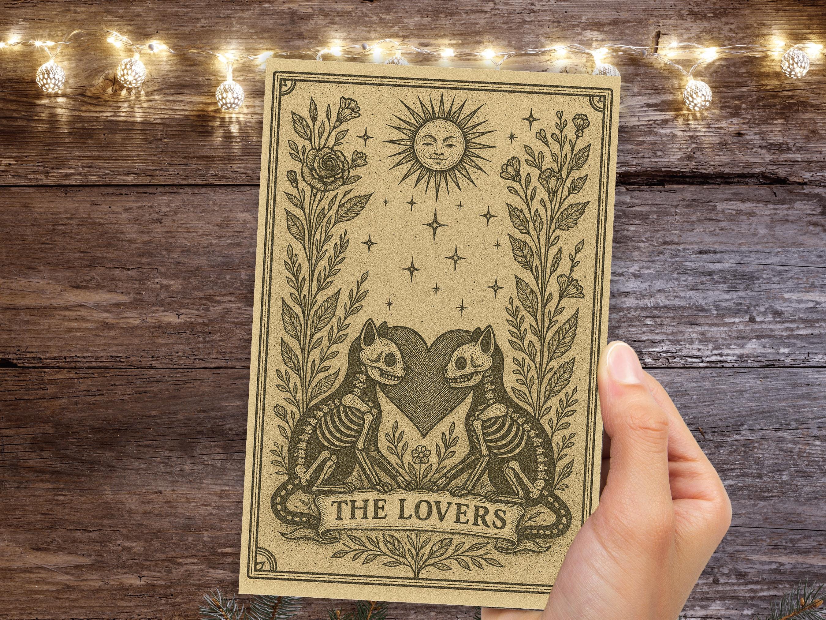The Lovers Tarot Card Skeleton Cats Gothic Art Witchy Valentine Macabre Love Gift Halloween Anniversary Card Husband Wife Romantic Wedding