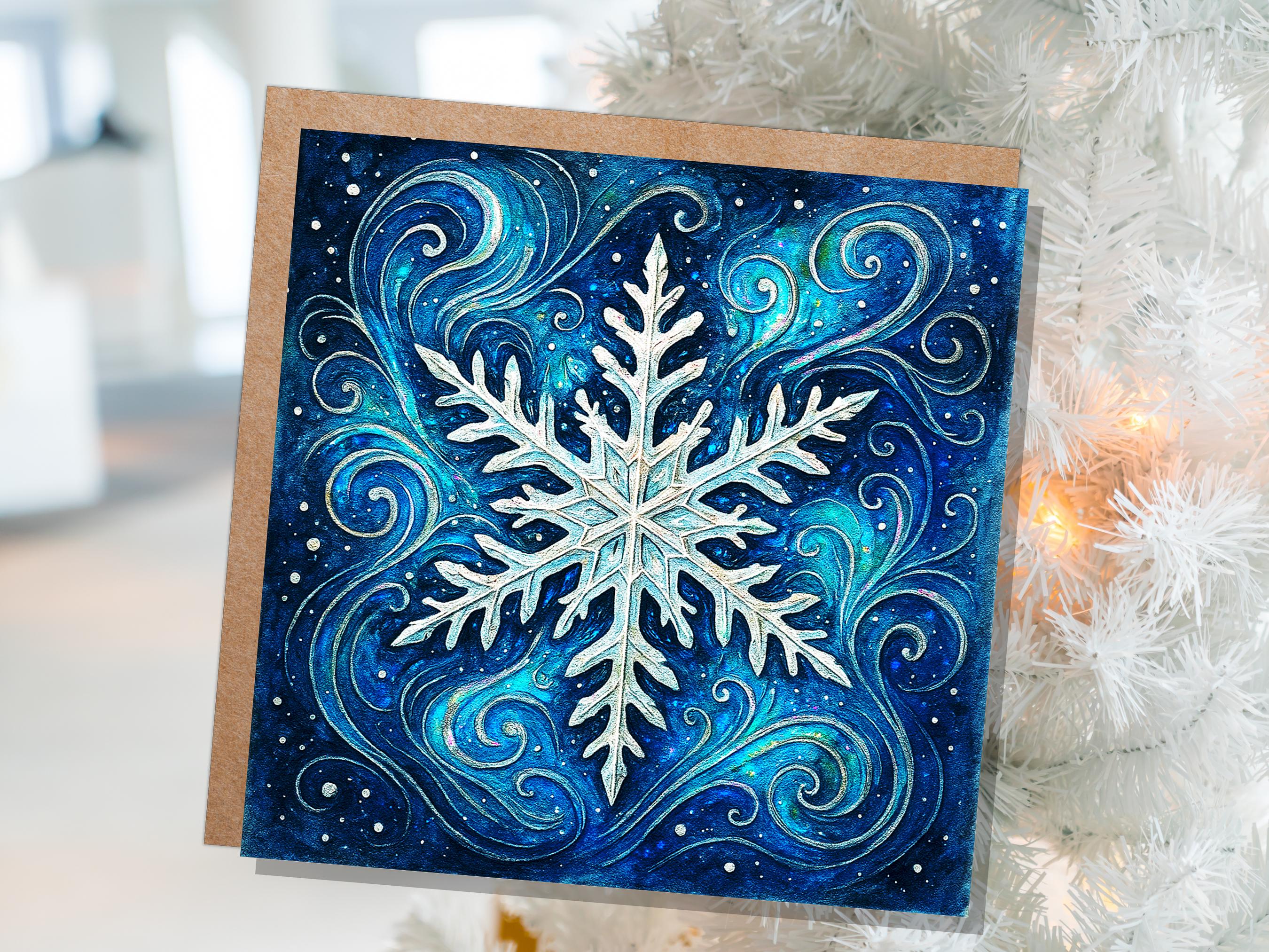 Magical Snowflake Cards with Envelopes Winter Swirls Art Celestial Ice Crystal Blue Watercolour Christmas Holiday Card Magical Enchanting - View 8