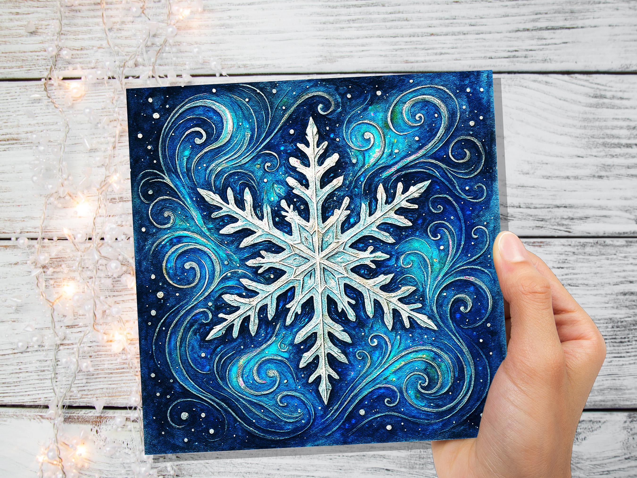 Magical Snowflake Cards with Envelopes Winter Swirls Art Celestial Ice Crystal Blue Watercolour Christmas Holiday Card Magical Enchanting