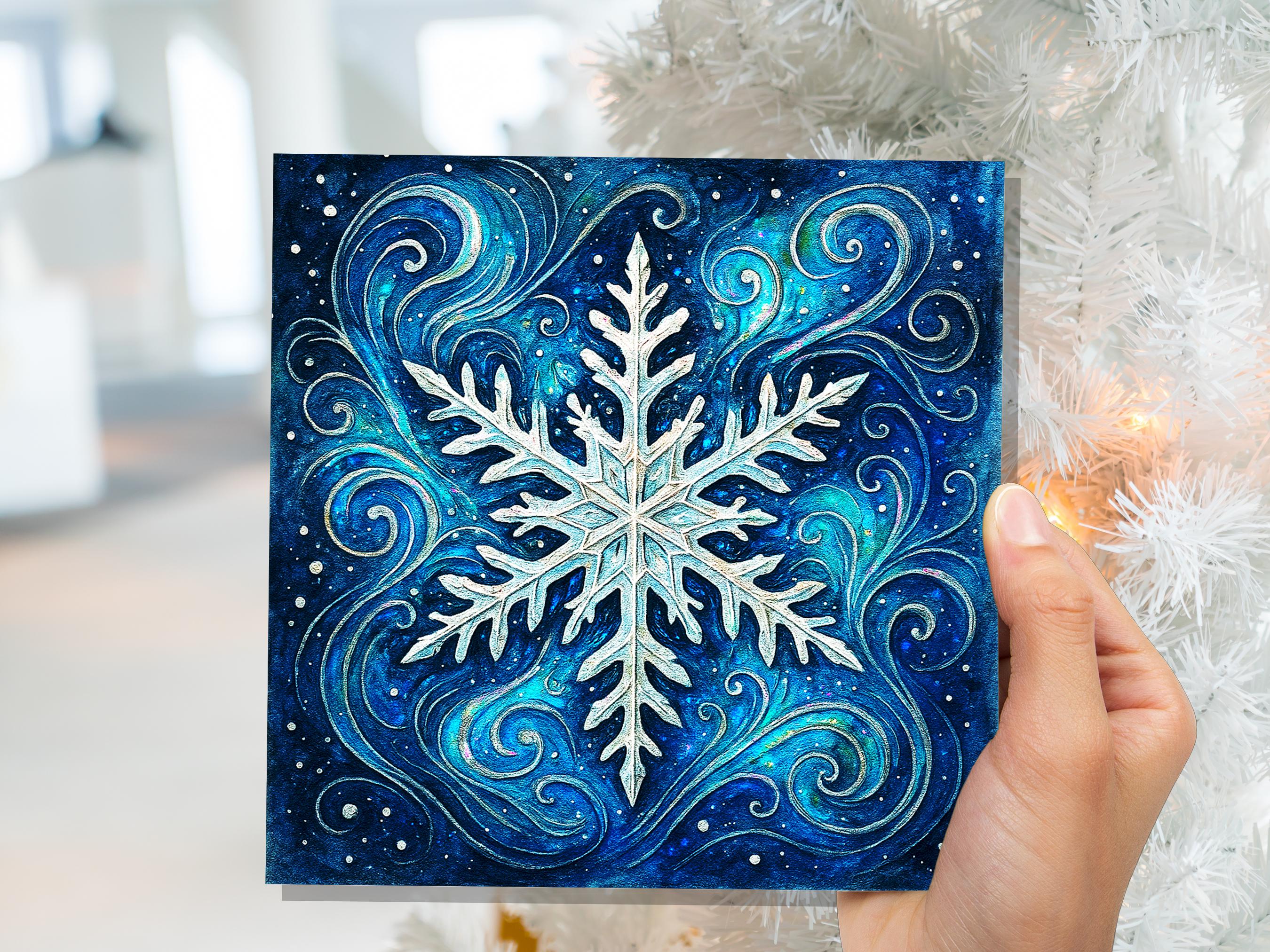 Magical Snowflake Cards with Envelopes Winter Swirls Art Celestial Ice Crystal Blue Watercolour Christmas Holiday Card Magical Enchanting - View 3