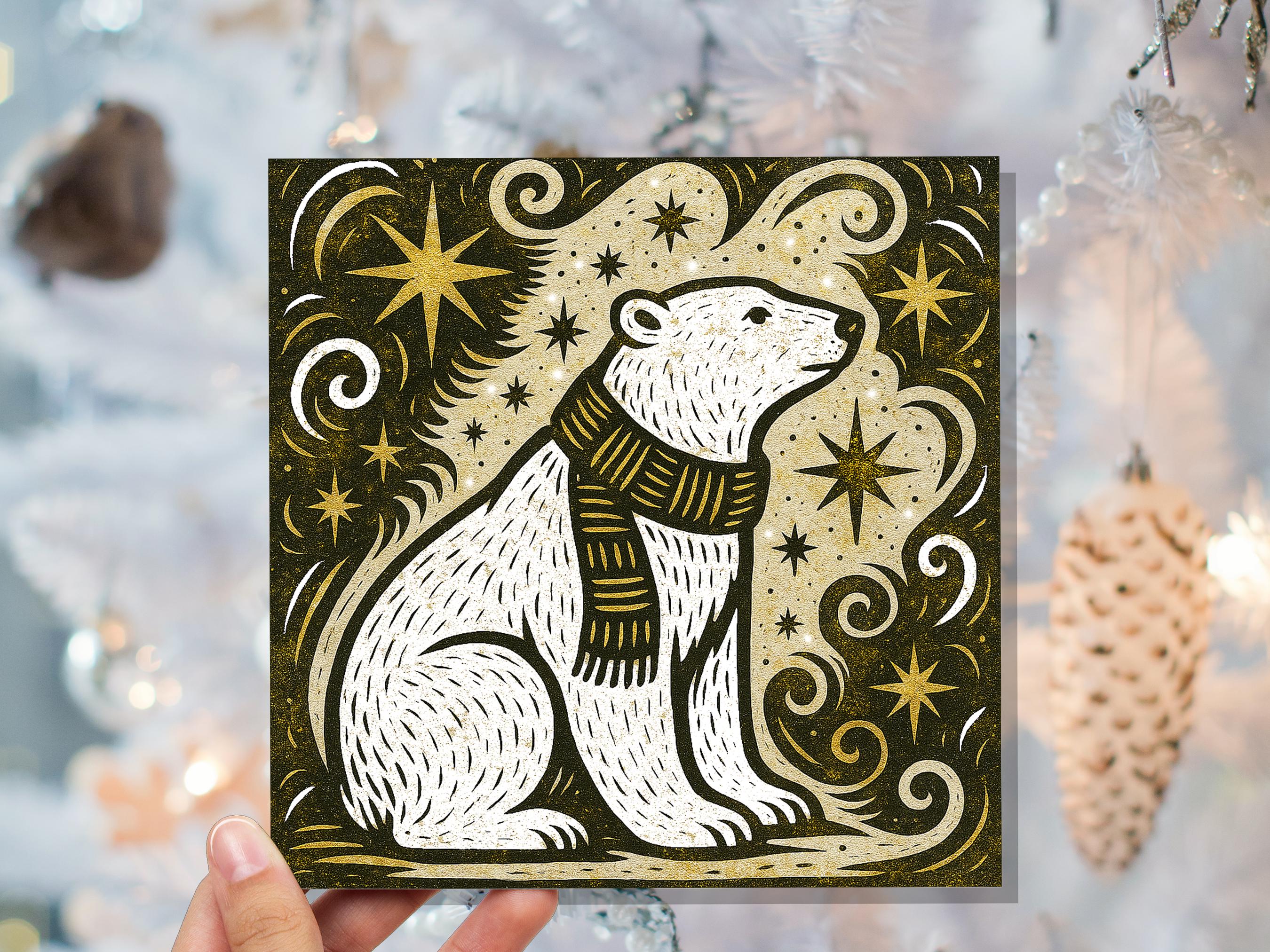 Winter Polar Bear Card Linocut Starry Night Snow Scene Cosmic Star Christmas Cards Holiday Greetings Animal Lover Festive Kraft Scandi Art - View 5