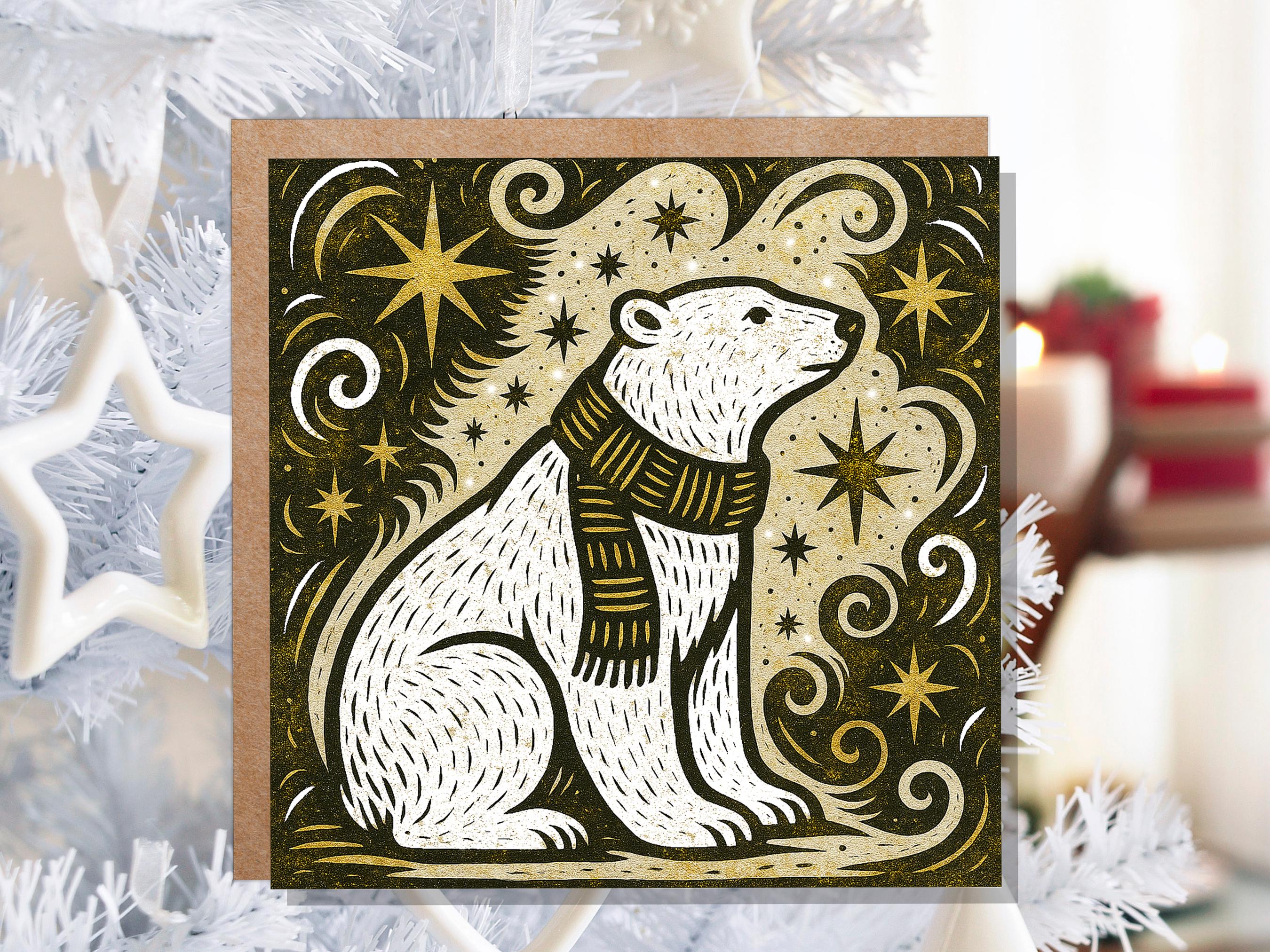 Winter Polar Bear Card Linocut Starry Night Snow Scene Cosmic Star Christmas Cards Holiday Greetings Animal Lover Festive Kraft Scandi Art - View 3