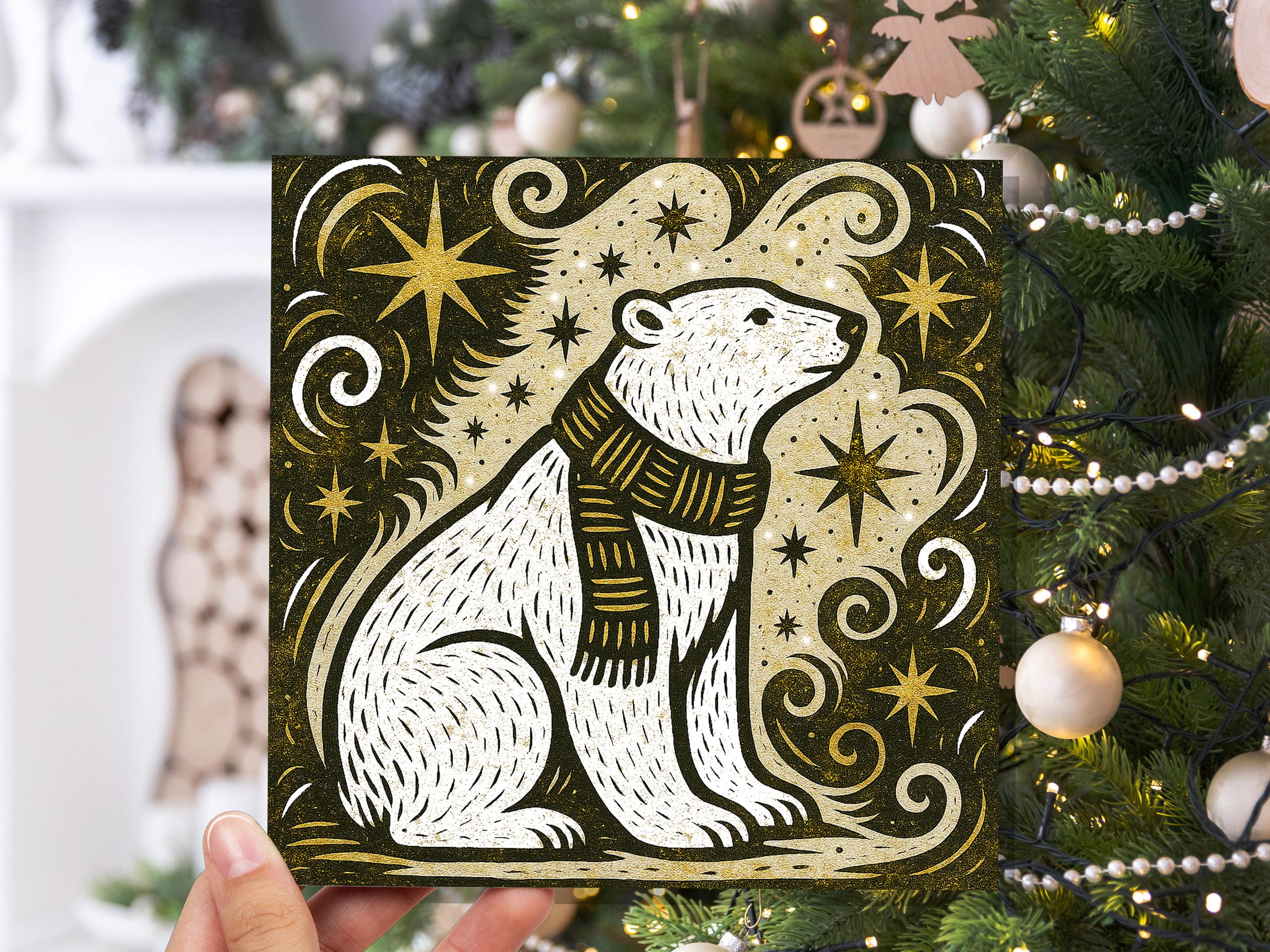 Winter Polar Bear Card Linocut Starry Night Snow Scene Cosmic Star Christmas Cards Holiday Greetings Animal Lover Festive Kraft Scandi Art - View 4