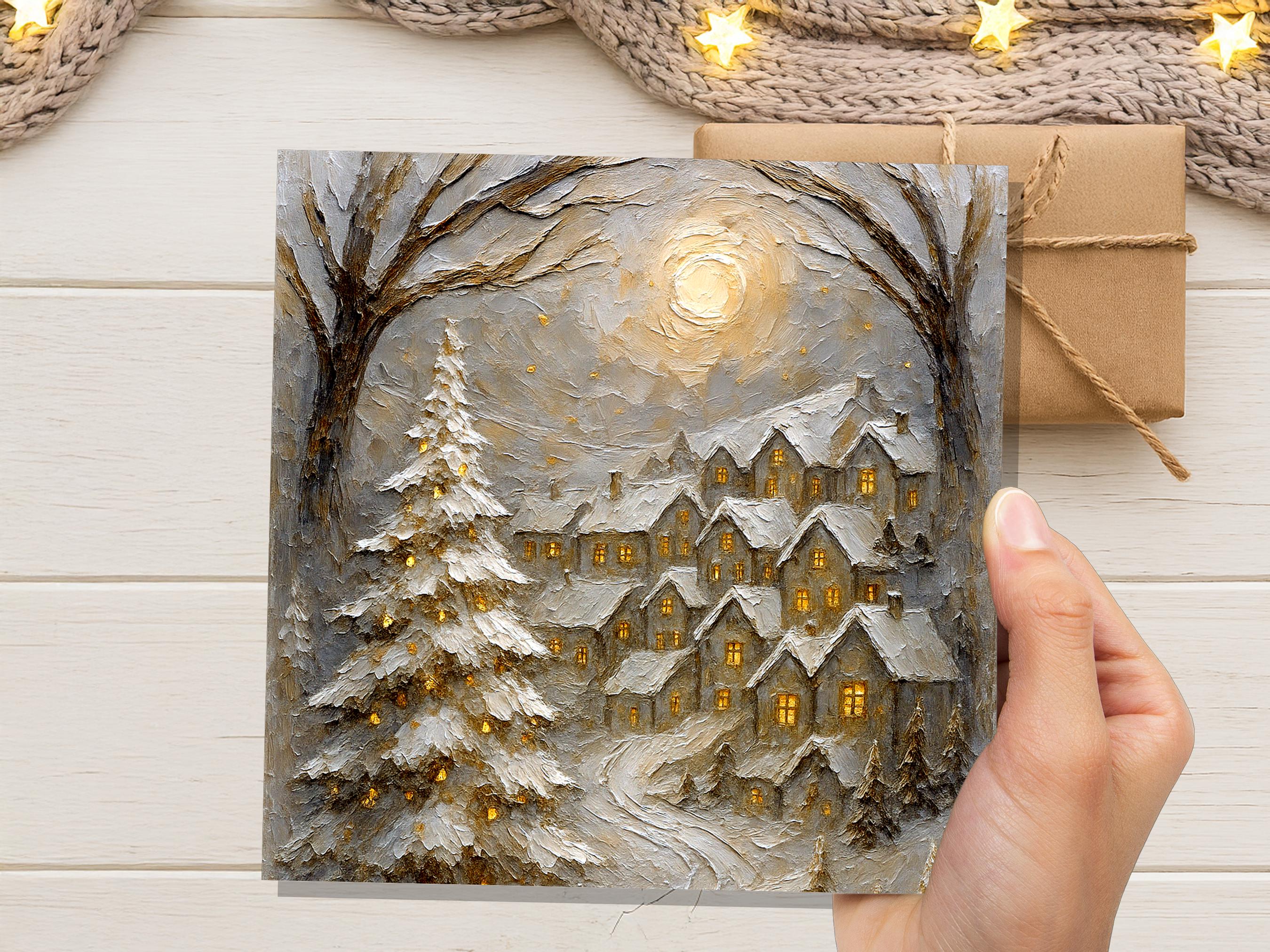 White Winter Village Christmas Card Snowy Cottage Scene Glowing Night Scene Luxury Neutral Golden Holiday Greeting Cards Pack of 1, 5, or 10 - View 2