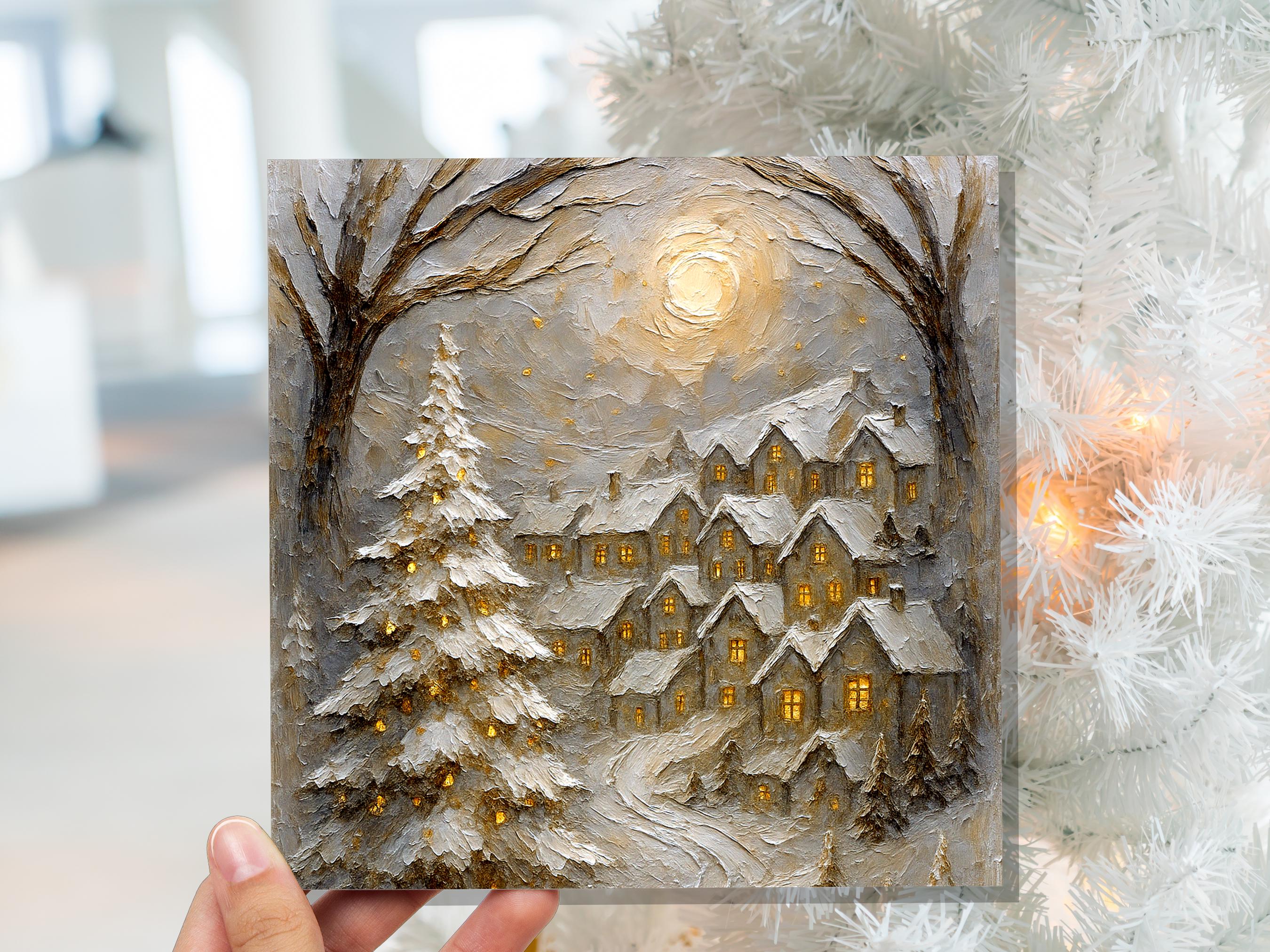 White Winter Village Christmas Card Snowy Cottage Scene Glowing Night Scene Luxury Neutral Golden Holiday Greeting Cards Pack of 1, 5, or 10 - View 5