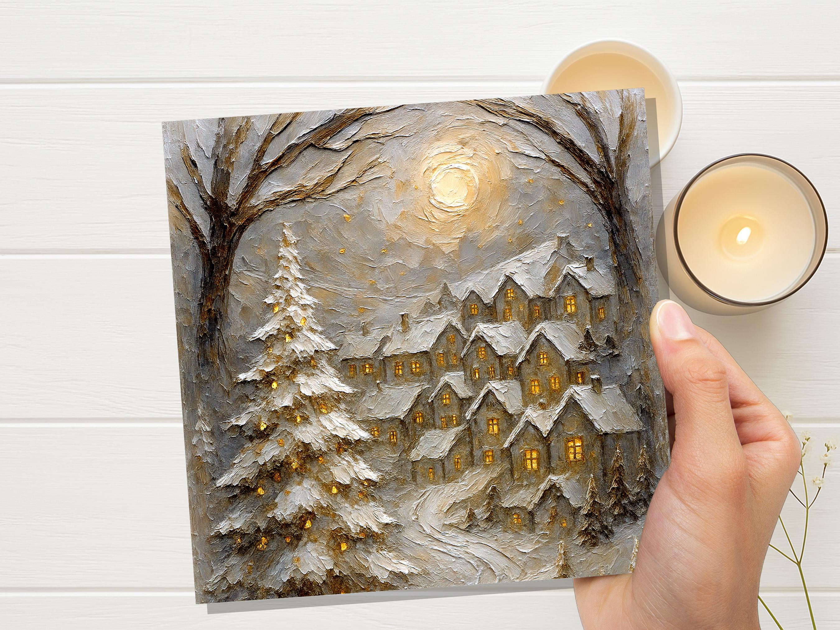 White Winter Village Christmas Card Snowy Cottage Scene Glowing Night Scene Luxury Neutral Golden Holiday Greeting Cards Pack of 1, 5, or 10
