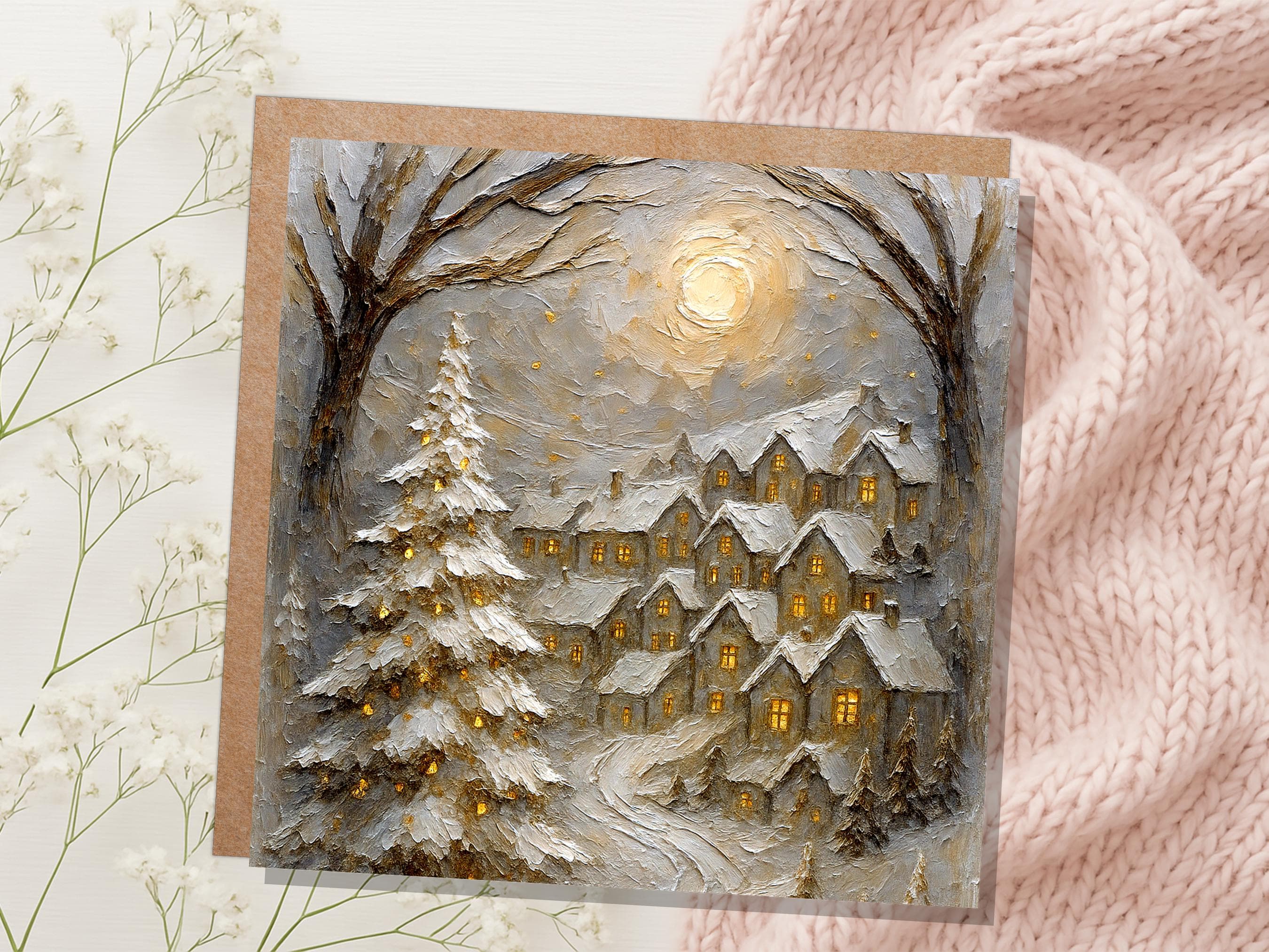 White Winter Village Christmas Card Snowy Cottage Scene Glowing Night Scene Luxury Neutral Golden Holiday Greeting Cards Pack of 1, 5, or 10 - View 8