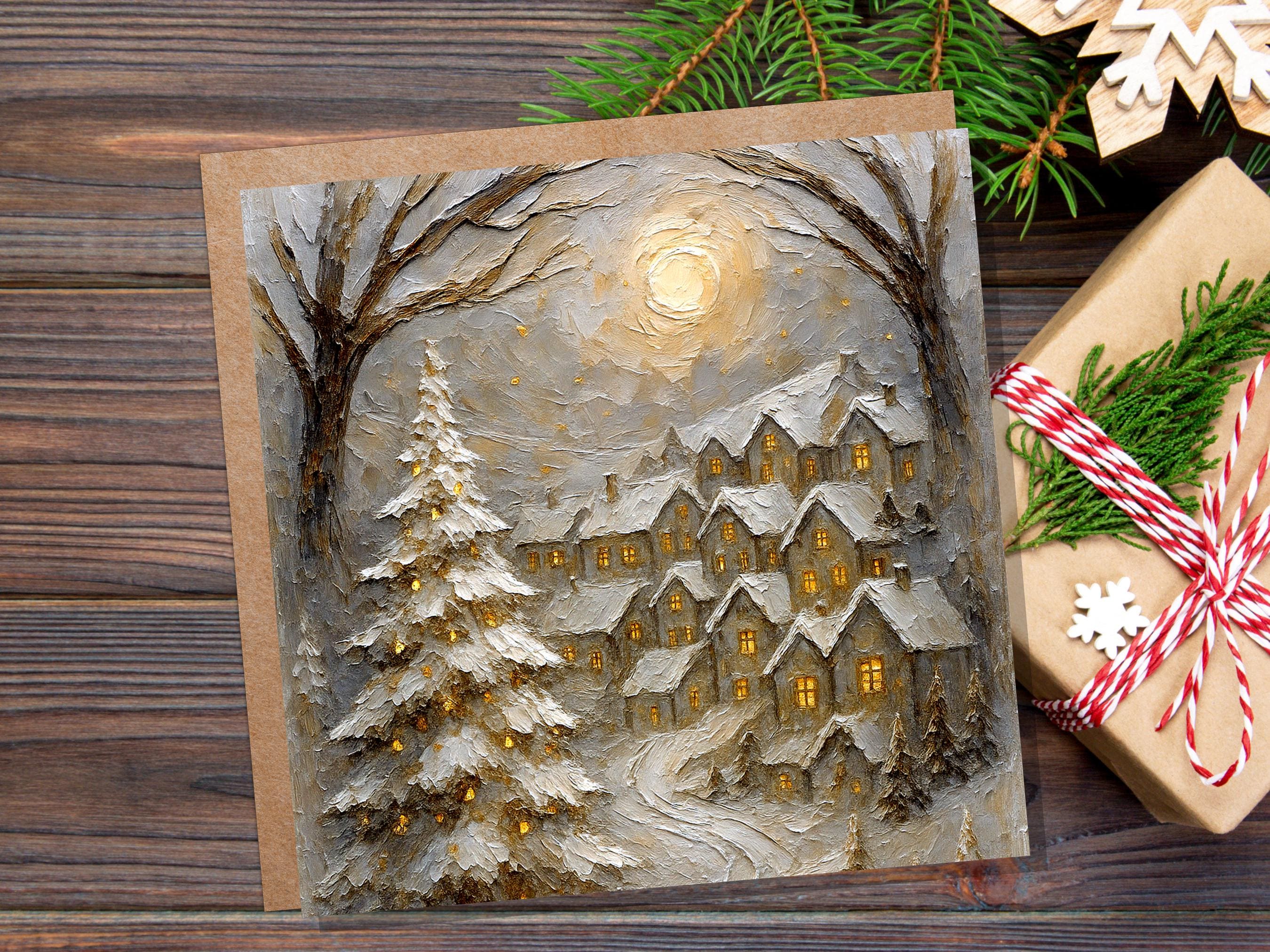 White Winter Village Christmas Card Snowy Cottage Scene Glowing Night Scene Luxury Neutral Golden Holiday Greeting Cards Pack of 1, 5, or 10 - View 7