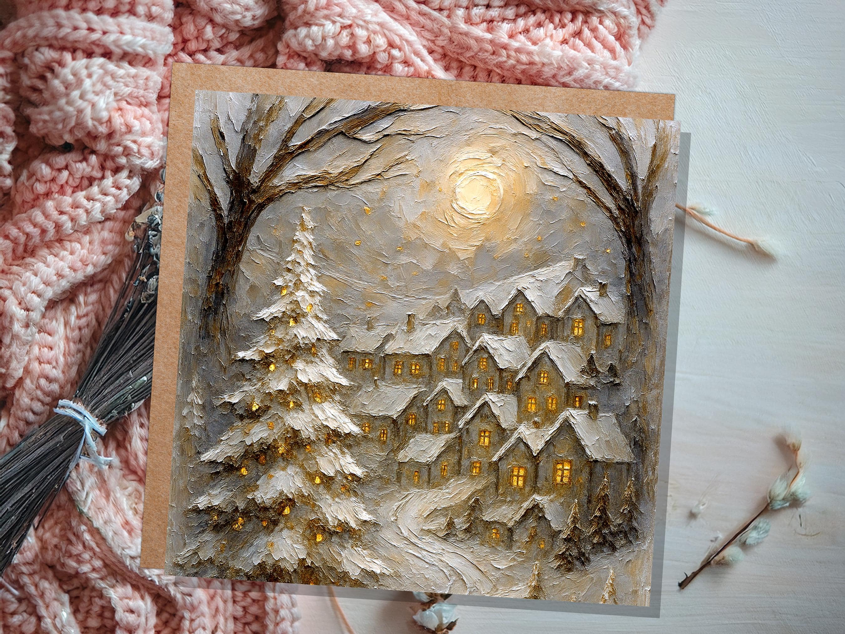 White Winter Village Christmas Card Snowy Cottage Scene Glowing Night Scene Luxury Neutral Golden Holiday Greeting Cards Pack of 1, 5, or 10 - View 9
