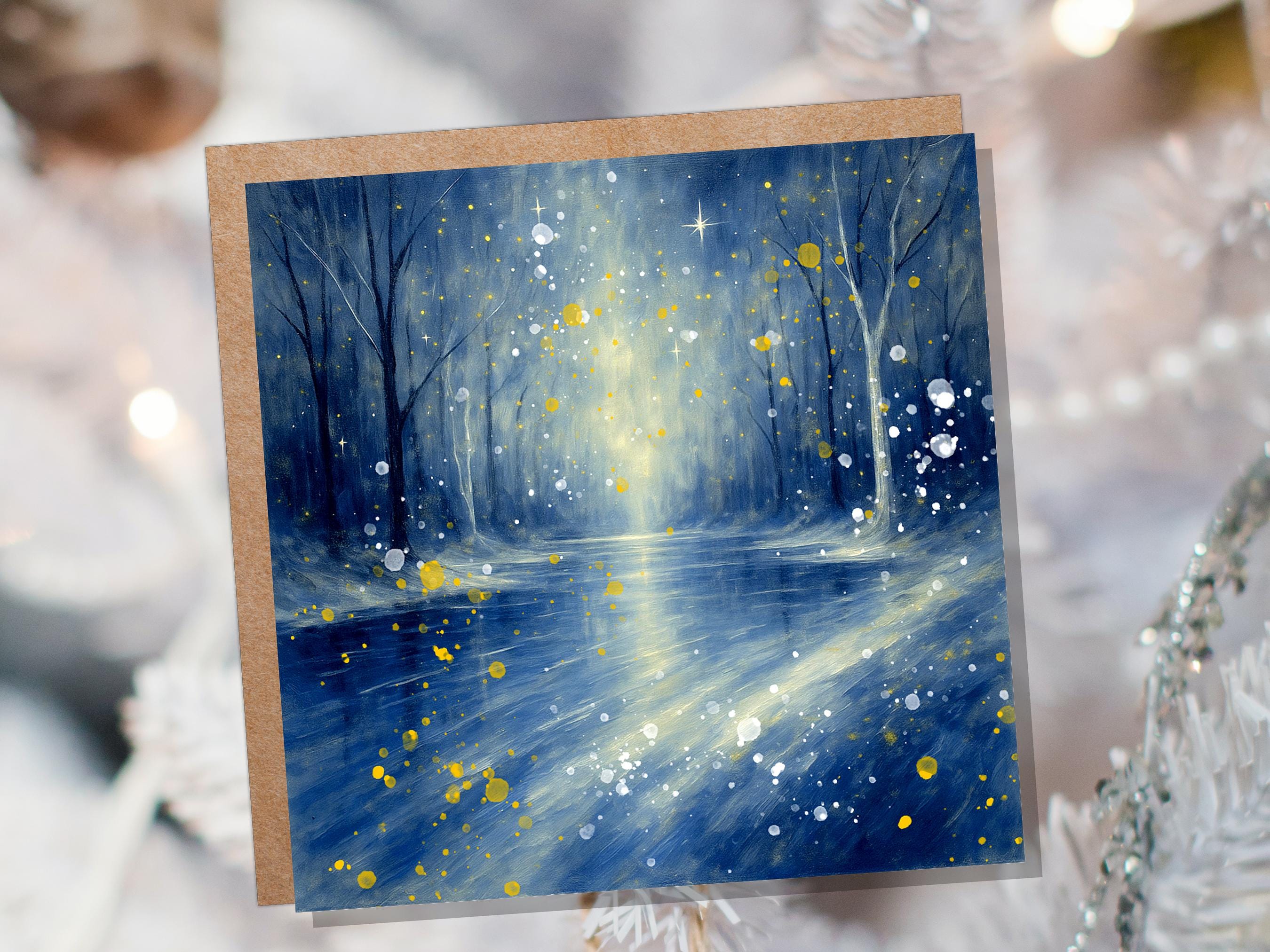 Enchanted Winter River Christmas Card Mystical Starry Night Scene Magical Blue & Gold Snow Abstract Art Peaceful Forest Greeting Xmas 2025 - View 7