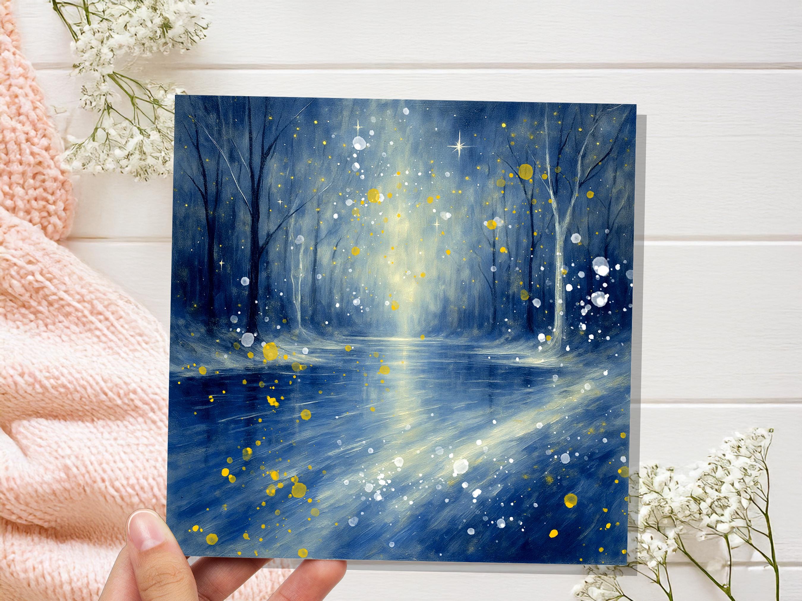 Enchanted Winter River Christmas Card Mystical Starry Night Scene Magical Blue & Gold Snow Abstract Art Peaceful Forest Greeting Xmas 2025 - View 6