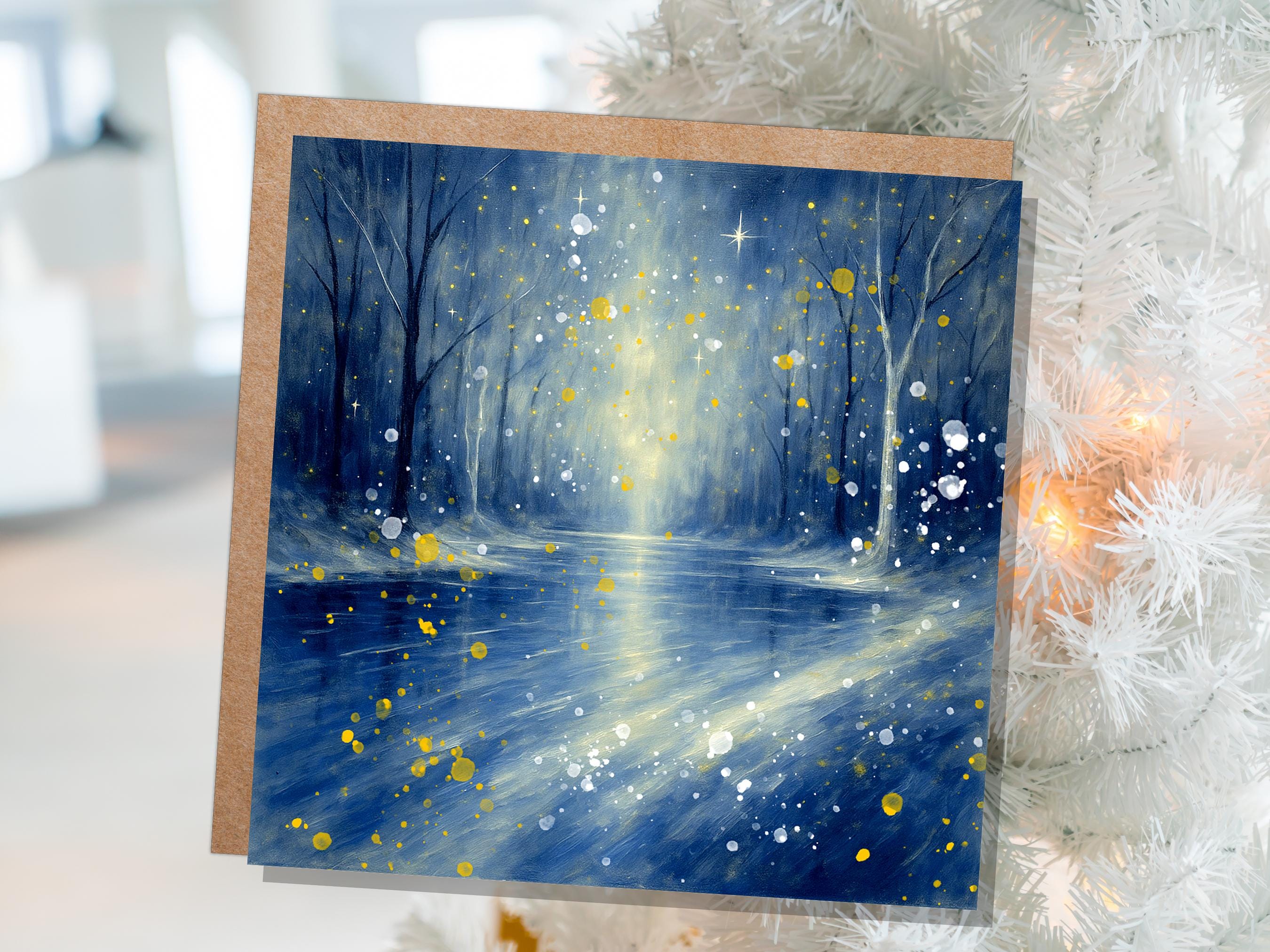 Enchanted Winter River Christmas Card Mystical Starry Night Scene Magical Blue & Gold Snow Abstract Art Peaceful Forest Greeting Xmas 2025 - View 9
