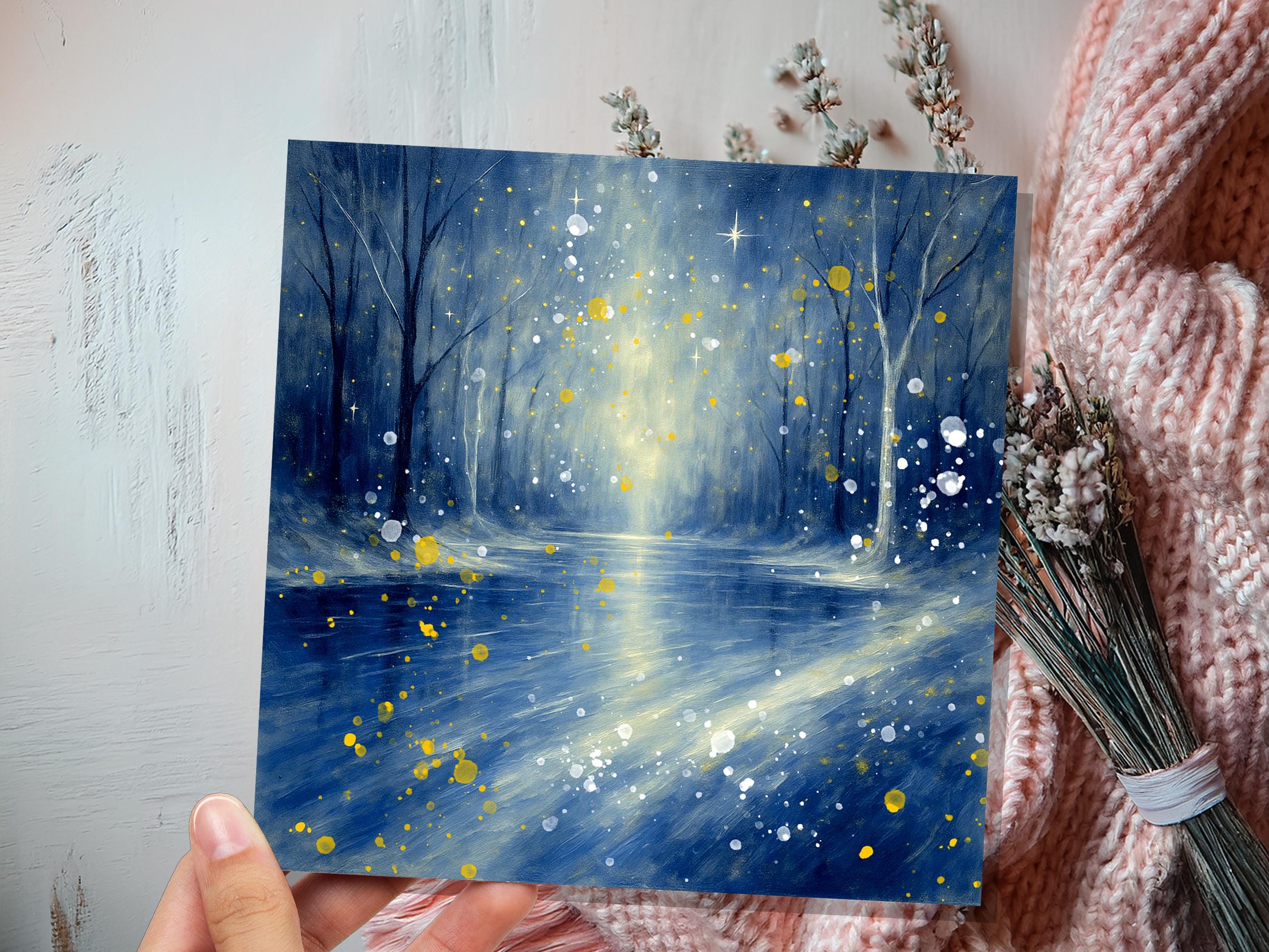 Enchanted Winter River Christmas Card Mystical Starry Night Scene Magical Blue & Gold Snow Abstract Art Peaceful Forest Greeting Xmas 2025 - View 5