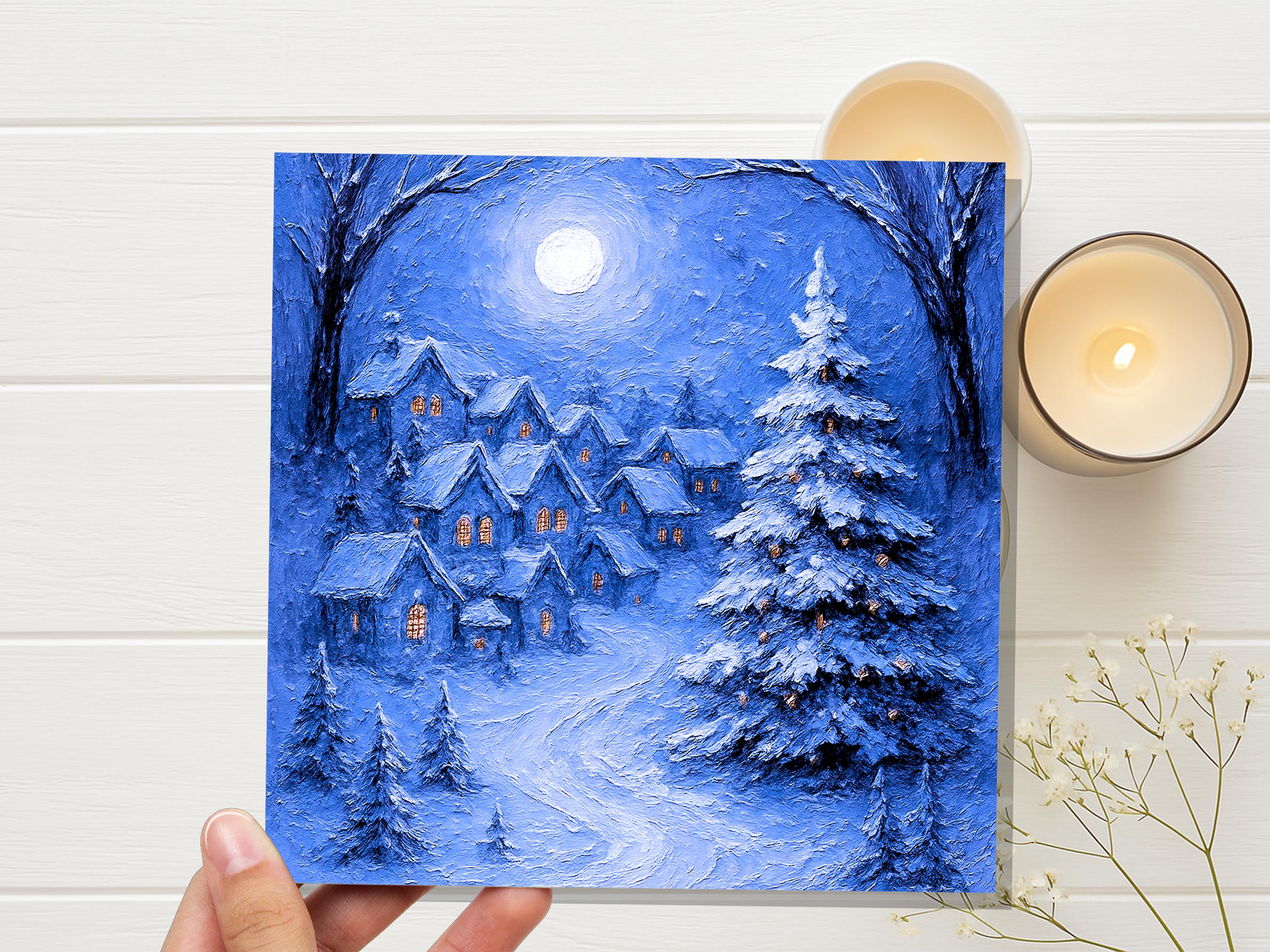 Snowy Night Before Xmas Scene Magical Winter Village Christmas Card Blue Painterly Impasto Cosy Festive Holiday Greeting Snow Tree Scene - View 6