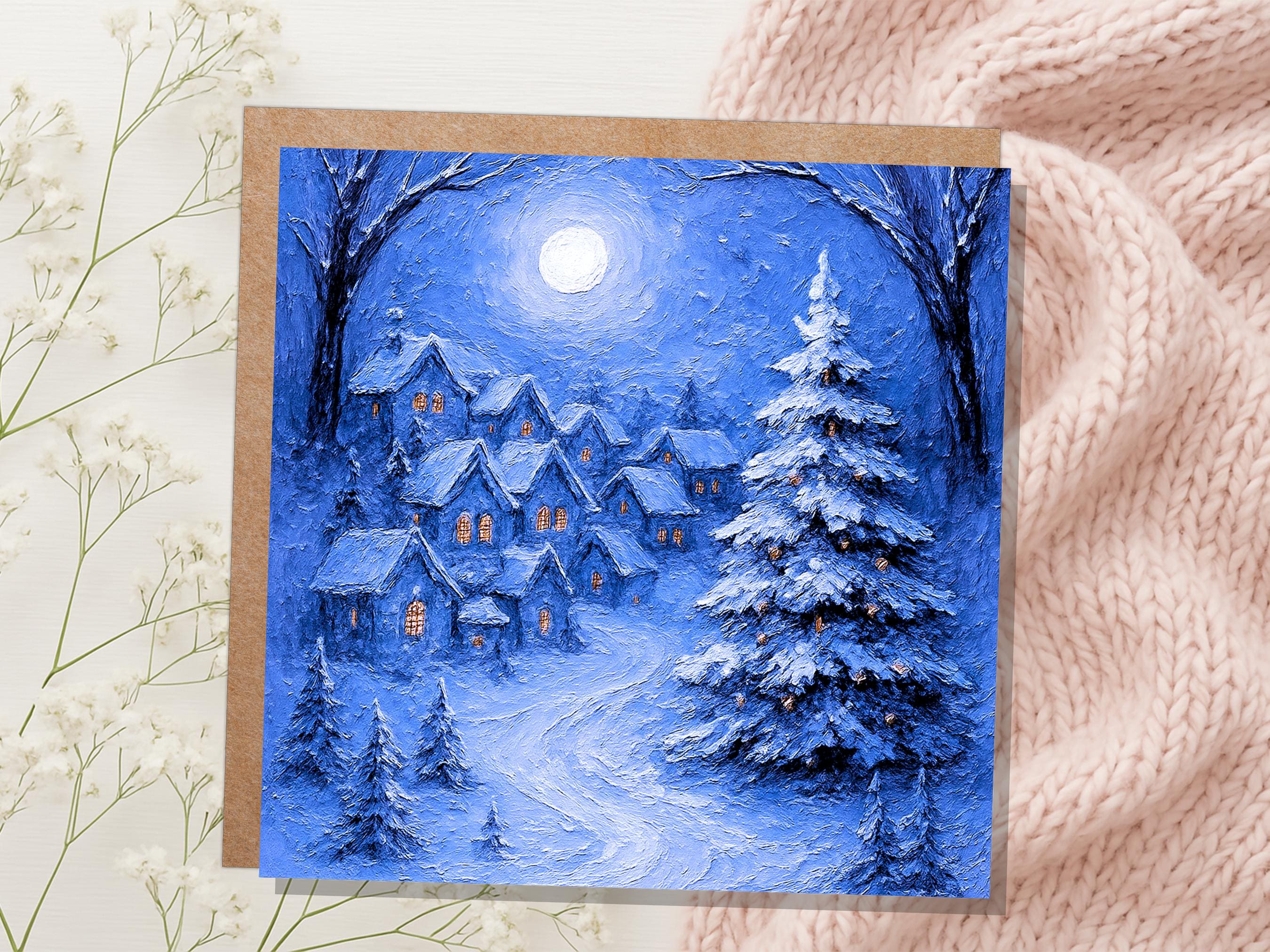 Snowy Night Before Xmas Scene Magical Winter Village Christmas Card Blue Painterly Impasto Cosy Festive Holiday Greeting Snow Tree Scene - View 8