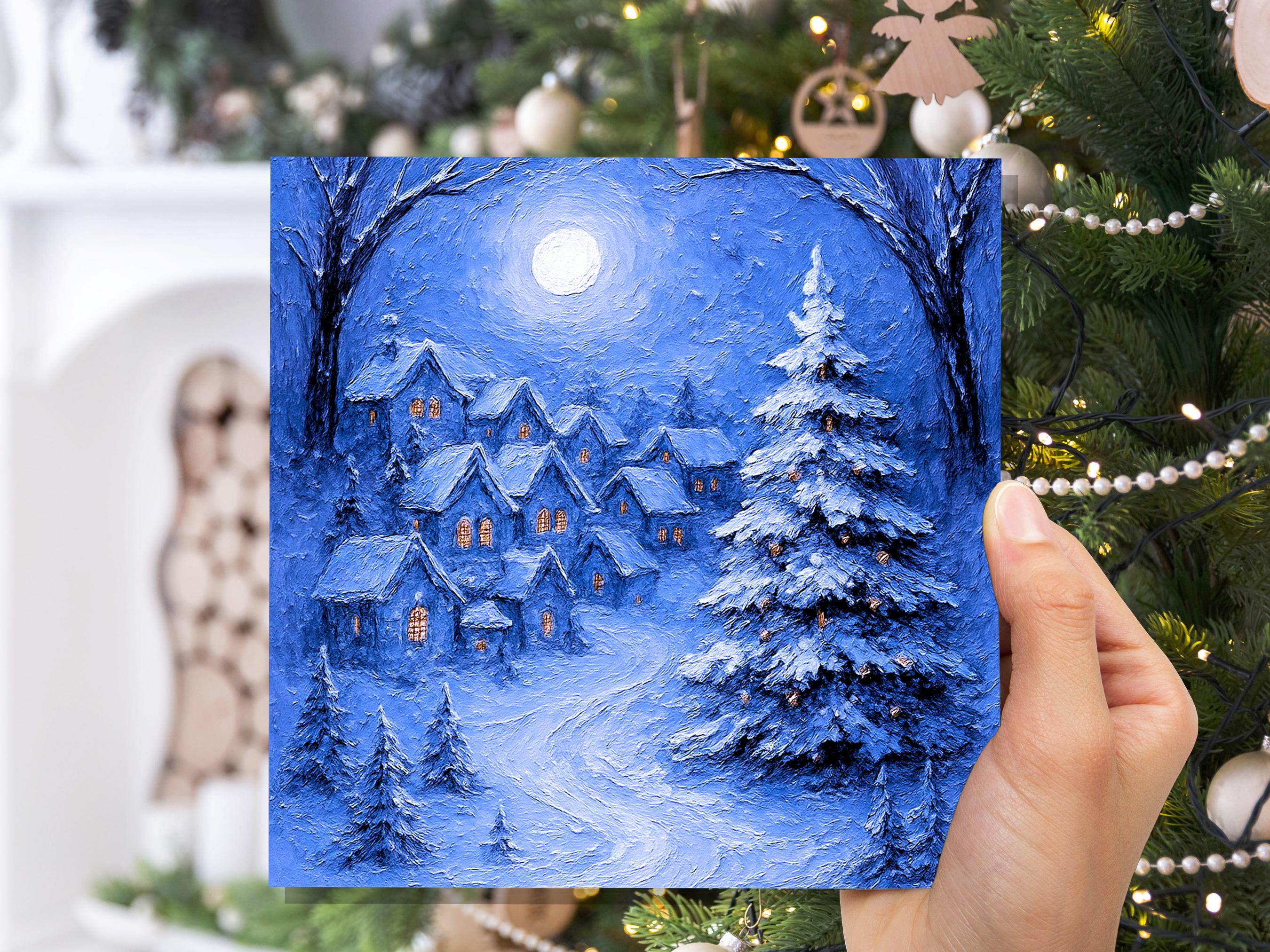 Snowy Night Before Xmas Scene Magical Winter Village Christmas Card Blue Painterly Impasto Cosy Festive Holiday Greeting Snow Tree Scene - View 3