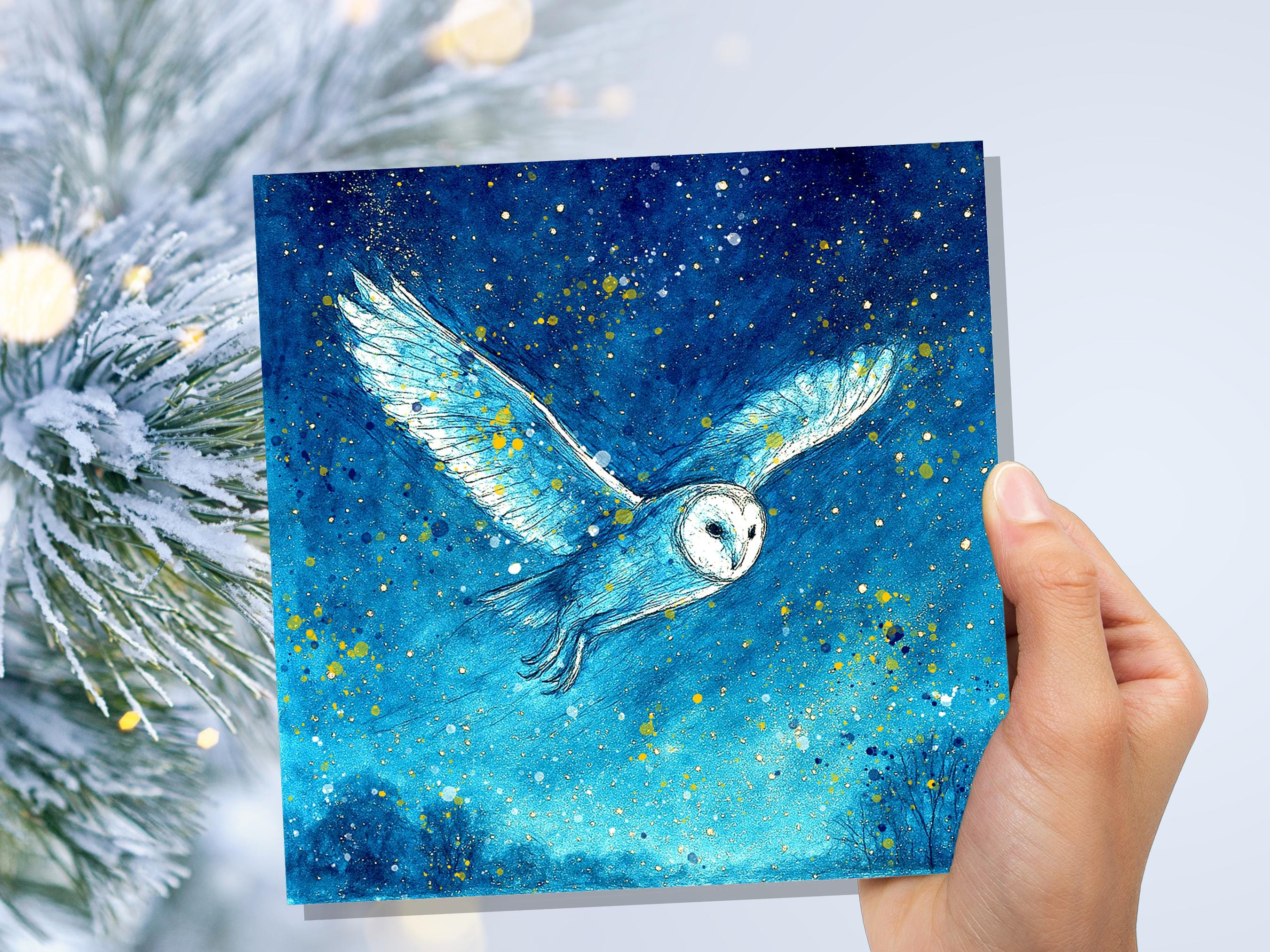 Magical Barn Owl in Flight Watercolour Art Print Celestial Night Sky Wildlife Painting Starry Blue Gold Mystical Nature Wall Art Bird Lover - View 3
