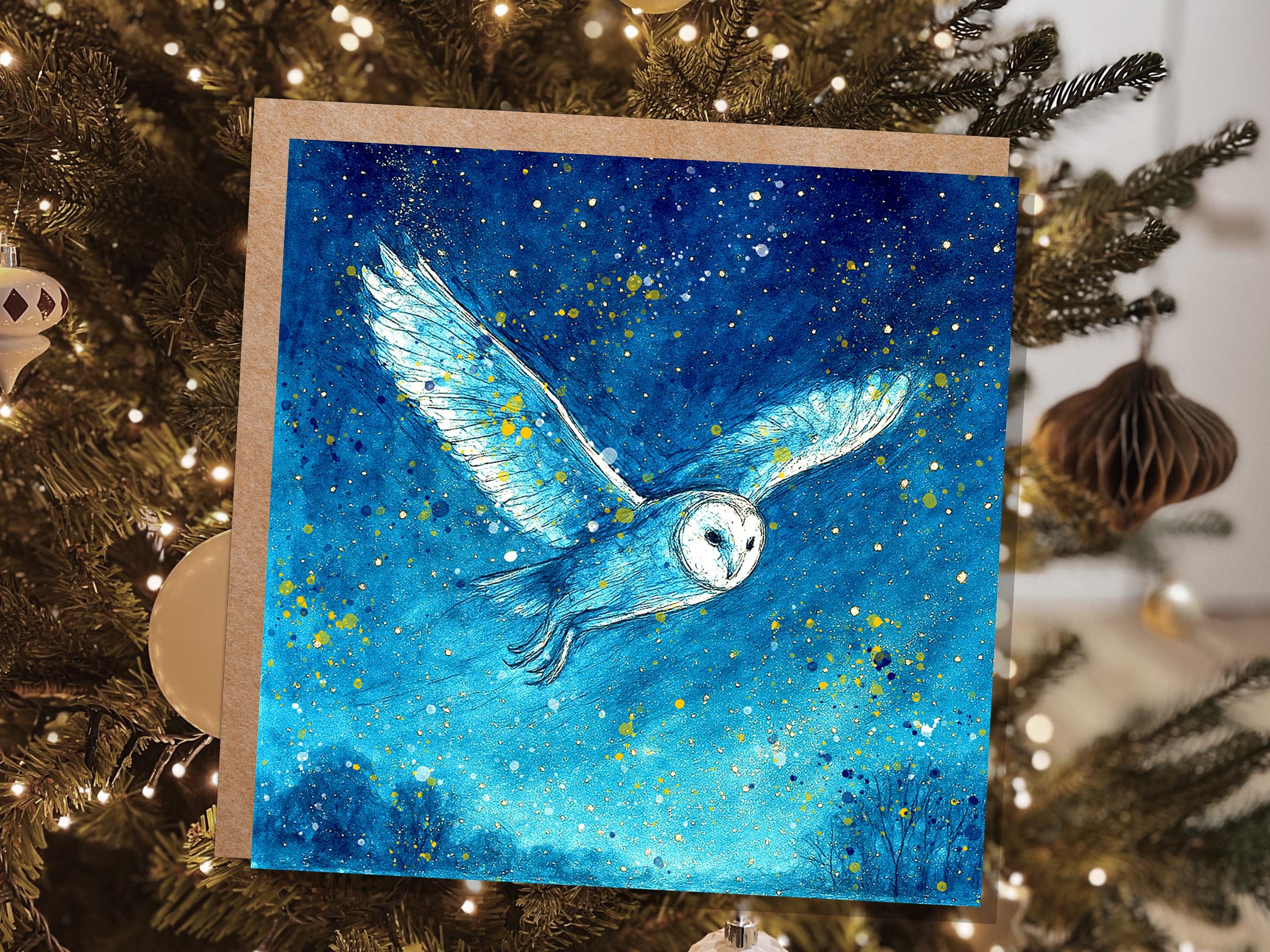 Magical Barn Owl in Flight Watercolour Art Print Celestial Night Sky Wildlife Painting Starry Blue Gold Mystical Nature Wall Art Bird Lover - View 8