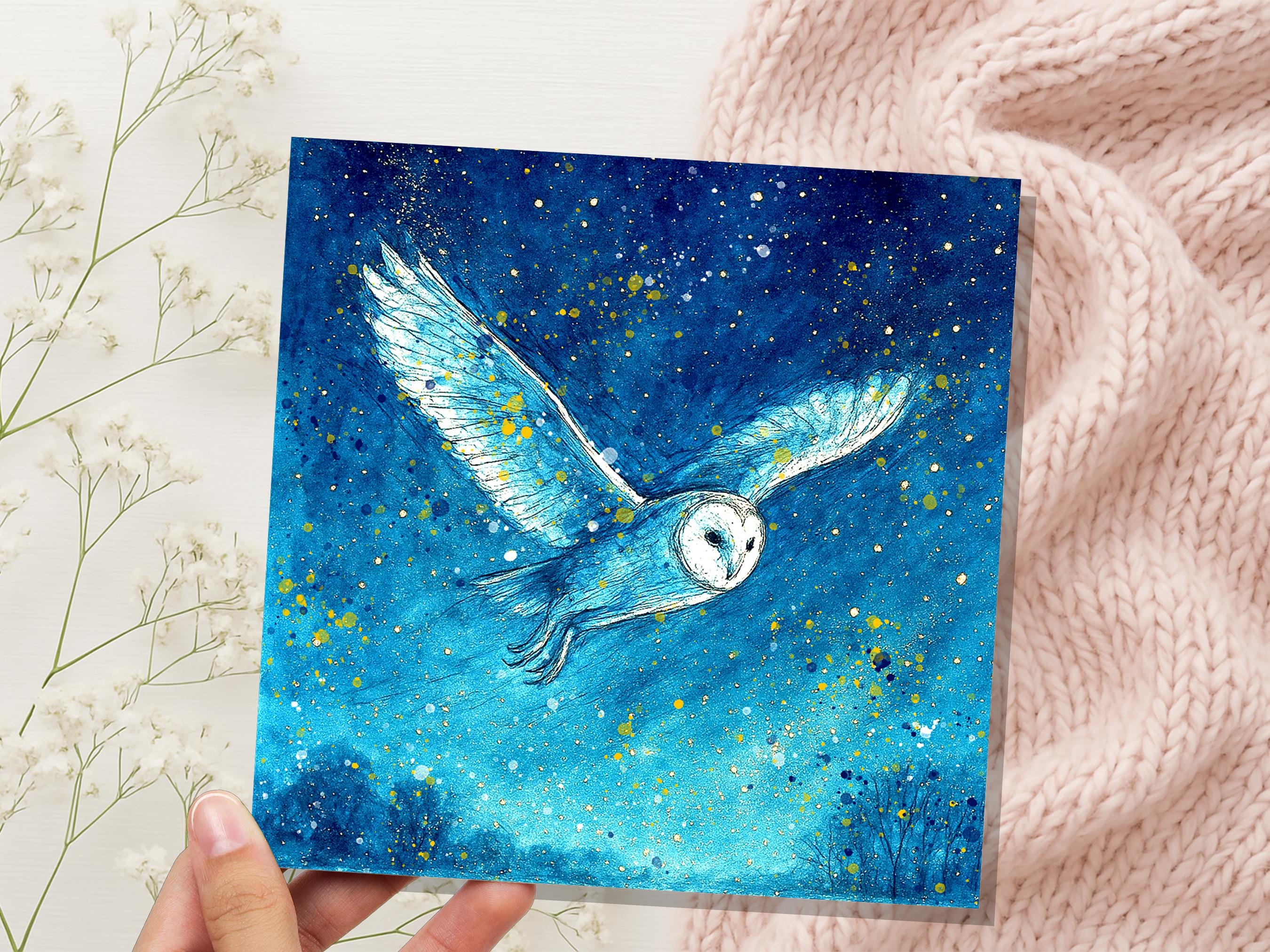 Magical Barn Owl in Flight Watercolour Art Print Celestial Night Sky Wildlife Painting Starry Blue Gold Mystical Nature Wall Art Bird Lover - View 6