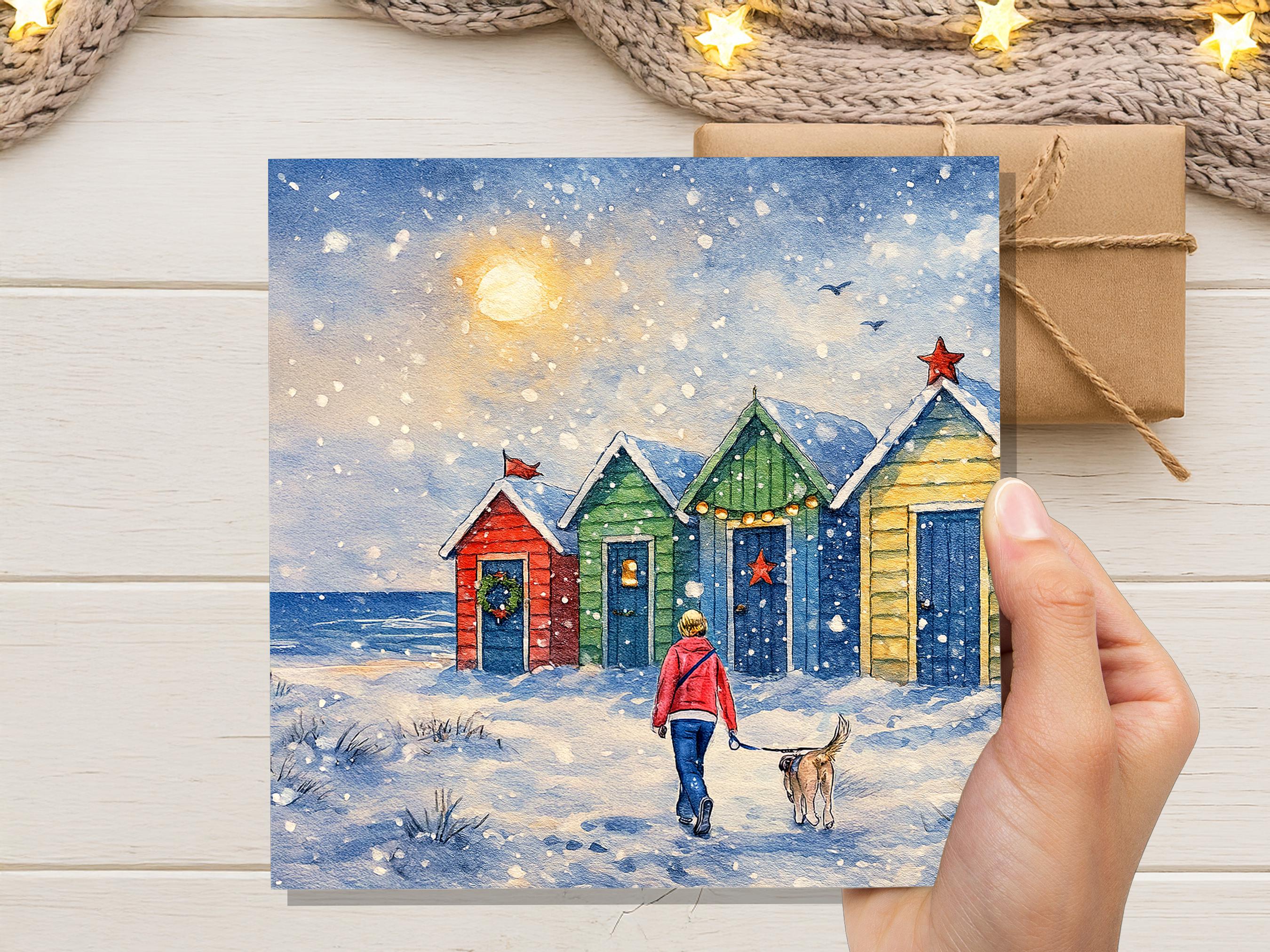 Dog Walker Christmas Card Beach Huts Winter Sun Scene Snowy Seaside Watercolour Art Xmas Greeting Card for Pet Walking Sitters Friends 2025 - View 3