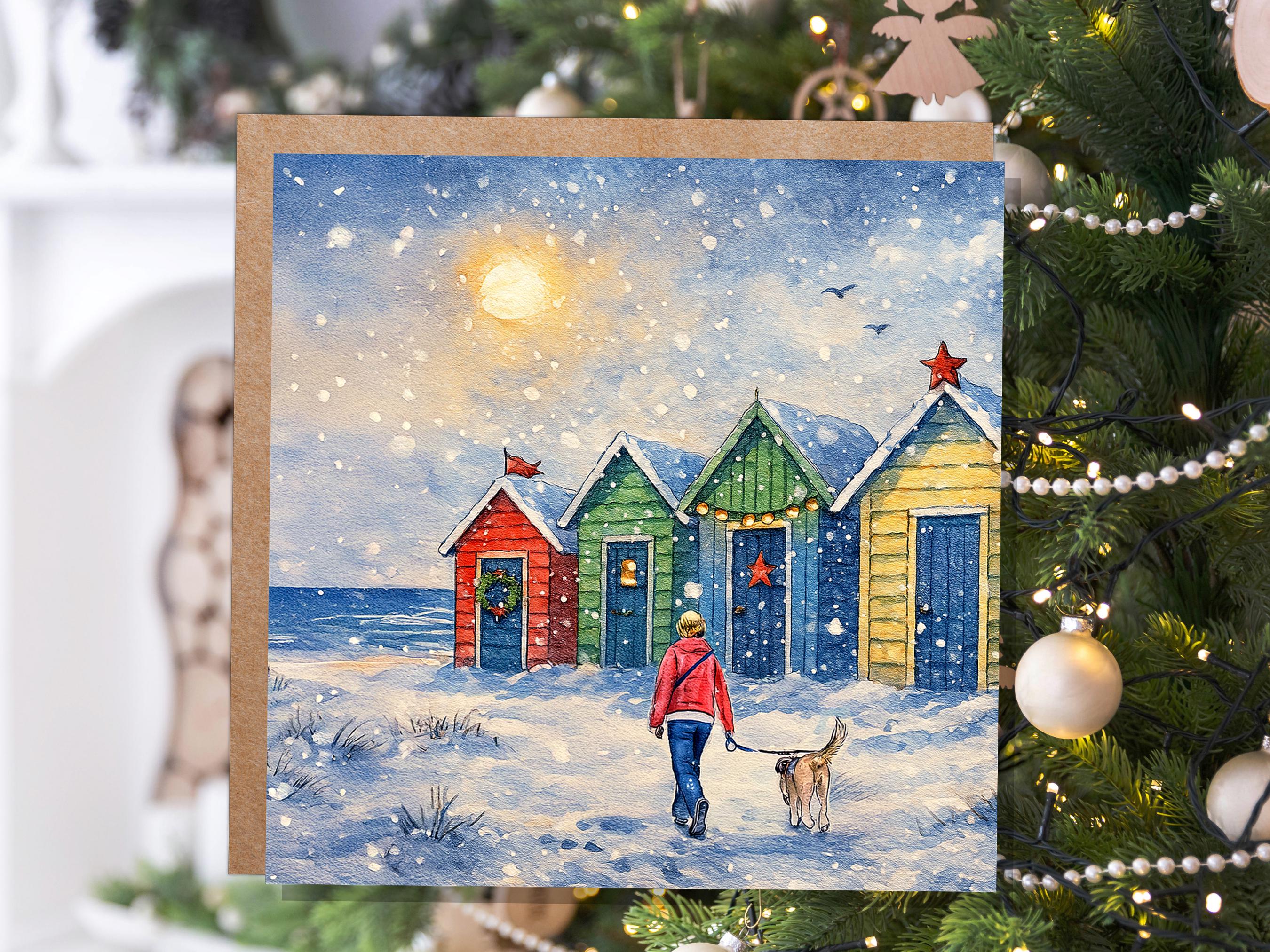 Dog Walker Christmas Card Beach Huts Winter Sun Scene Snowy Seaside Watercolour Art Xmas Greeting Card for Pet Walking Sitters Friends 2025 - View 9