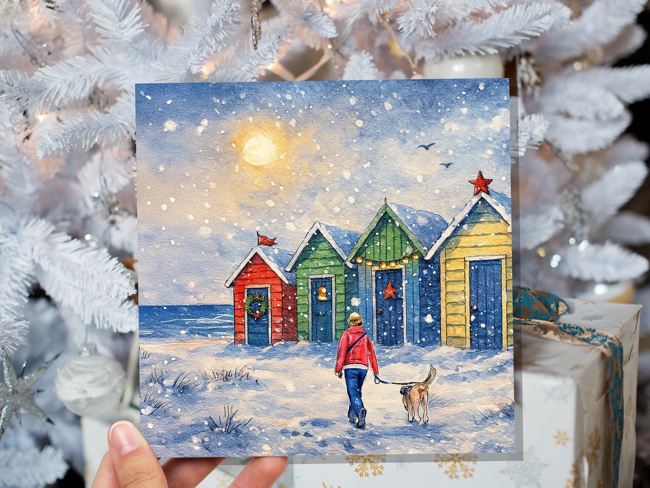 Dog Walker Christmas Card Beach Huts Winter Sun Scene Snowy Seaside Watercolour Art Xmas Greeting Card for Pet Walking Sitters Friends 2025 - View 6