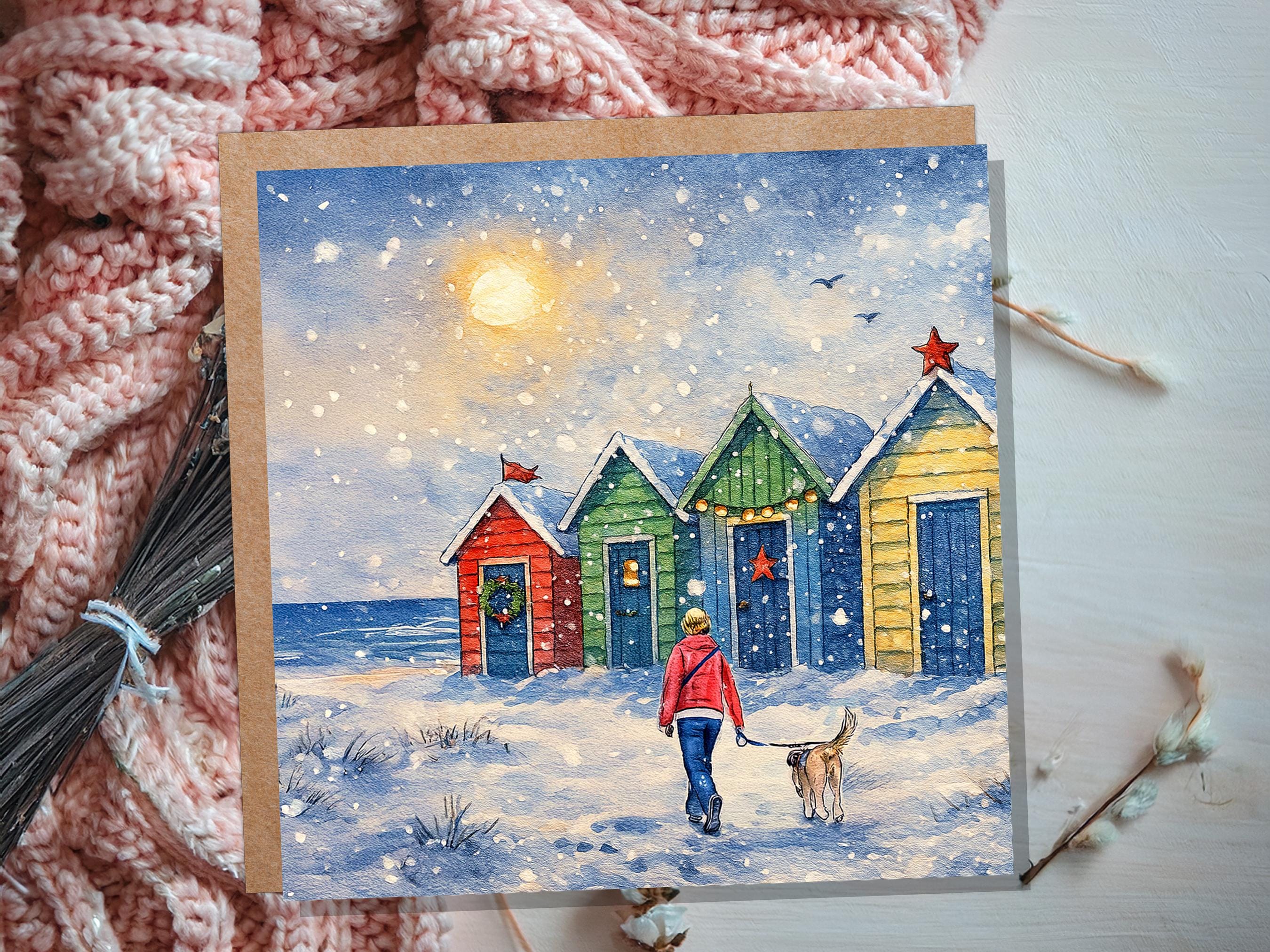 Dog Walker Christmas Card Beach Huts Winter Sun Scene Snowy Seaside Watercolour Art Xmas Greeting Card for Pet Walking Sitters Friends 2025 - View 8