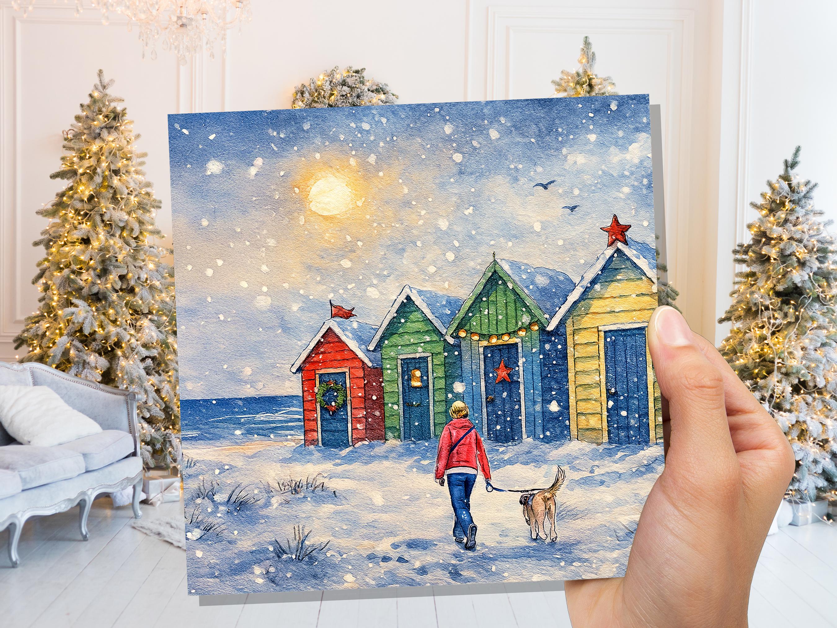 Dog Walker Christmas Card Beach Huts Winter Sun Scene Snowy Seaside Watercolour Art Xmas Greeting Card for Pet Walking Sitters Friends 2025 - View 4