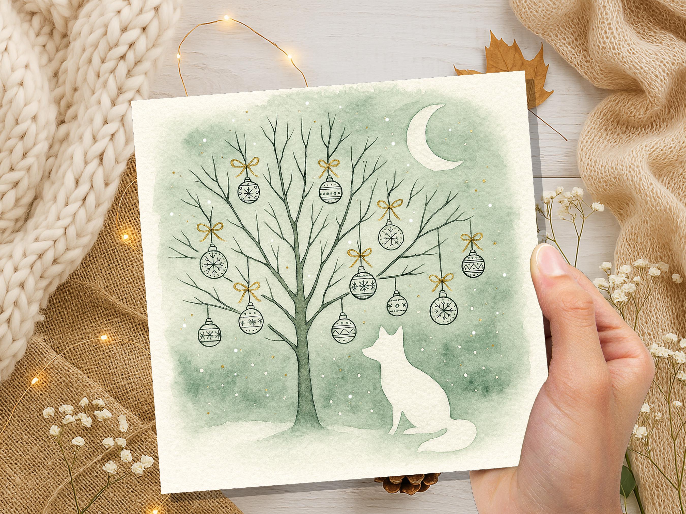 Sage Green Winter Fox Christmas Card White Crescent Moon Watercolour Snow Scene Festive Baubles Gold Art Linocut Style Neutral Nordic Design - View 2