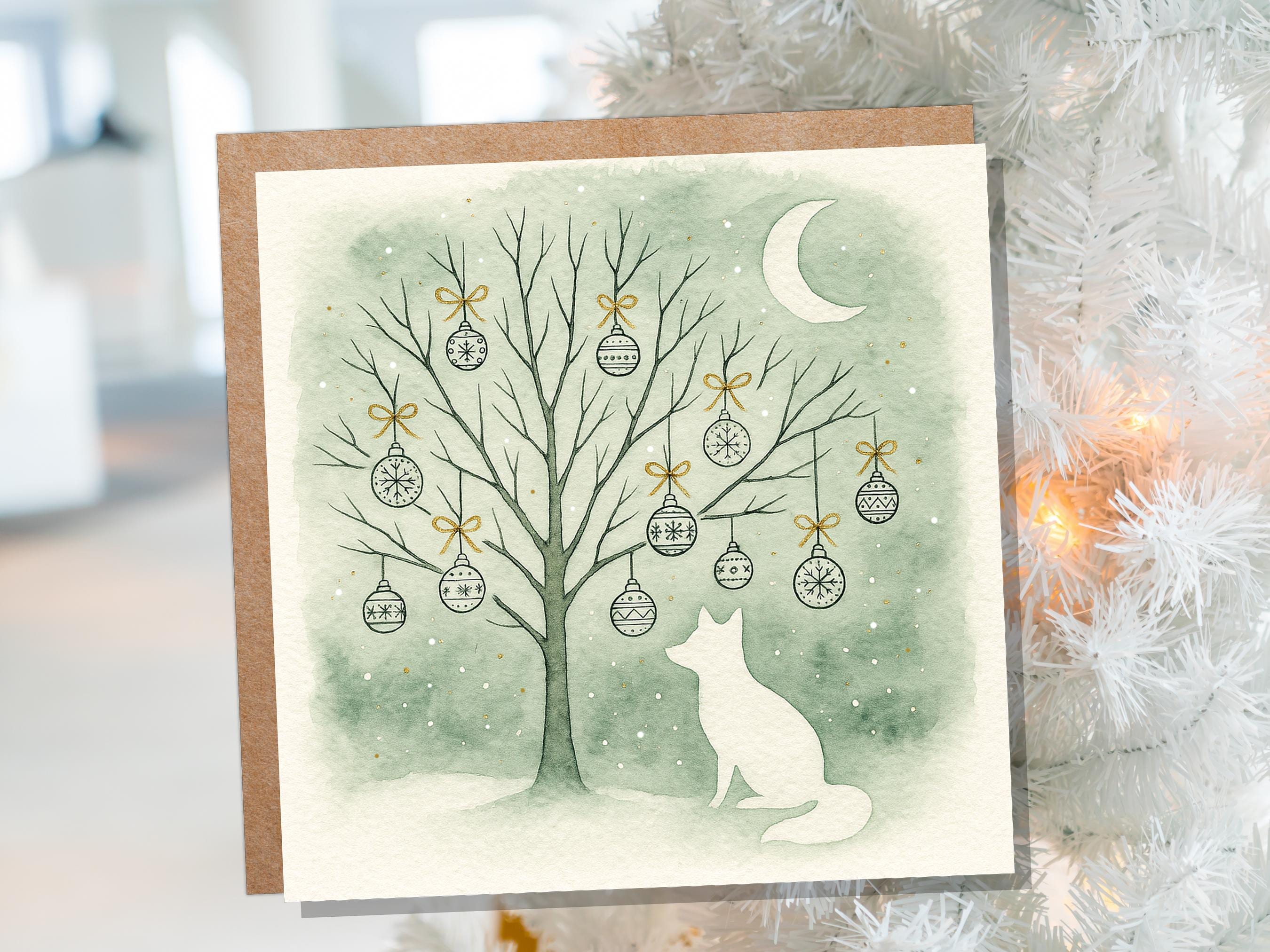 Sage Green Winter Fox Christmas Card White Crescent Moon Watercolour Snow Scene Festive Baubles Gold Art Linocut Style Neutral Nordic Design - View 7