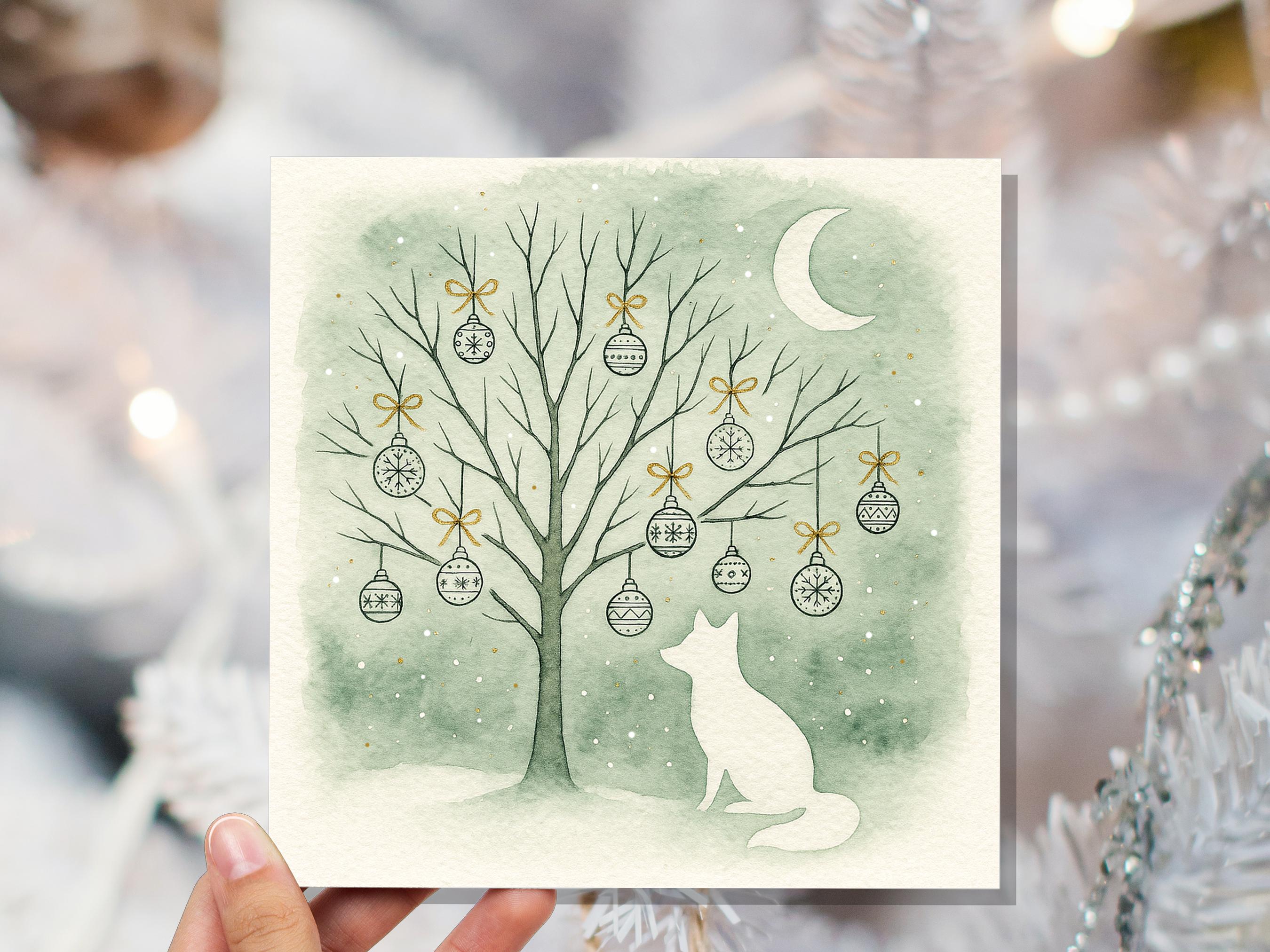 Sage Green Winter Fox Christmas Card White Crescent Moon Watercolour Snow Scene Festive Baubles Gold Art Linocut Style Neutral Nordic Design - View 6