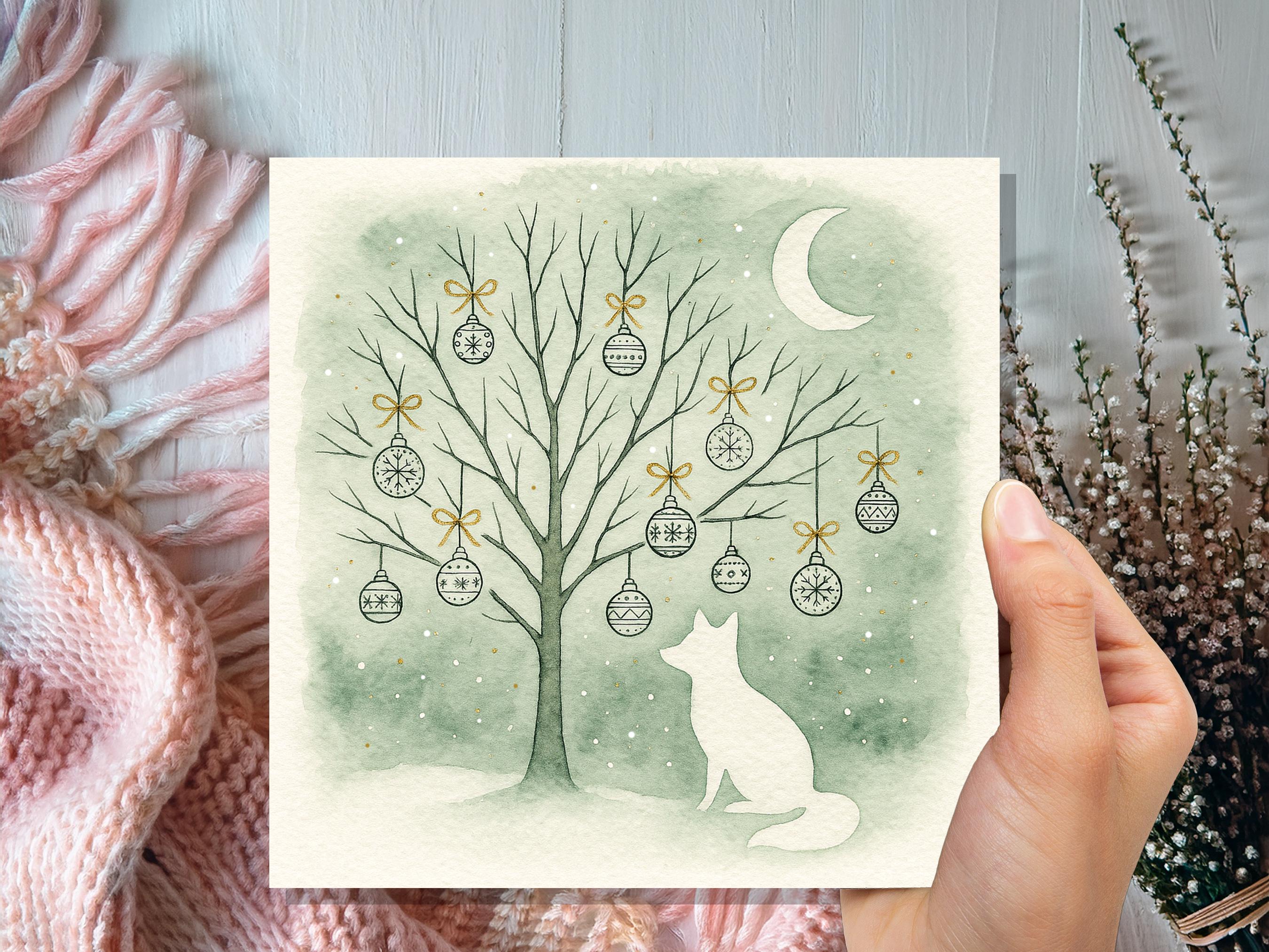 Sage Green Winter Fox Christmas Card White Crescent Moon Watercolour Snow Scene Festive Baubles Gold Art Linocut Style Neutral Nordic Design - View 4