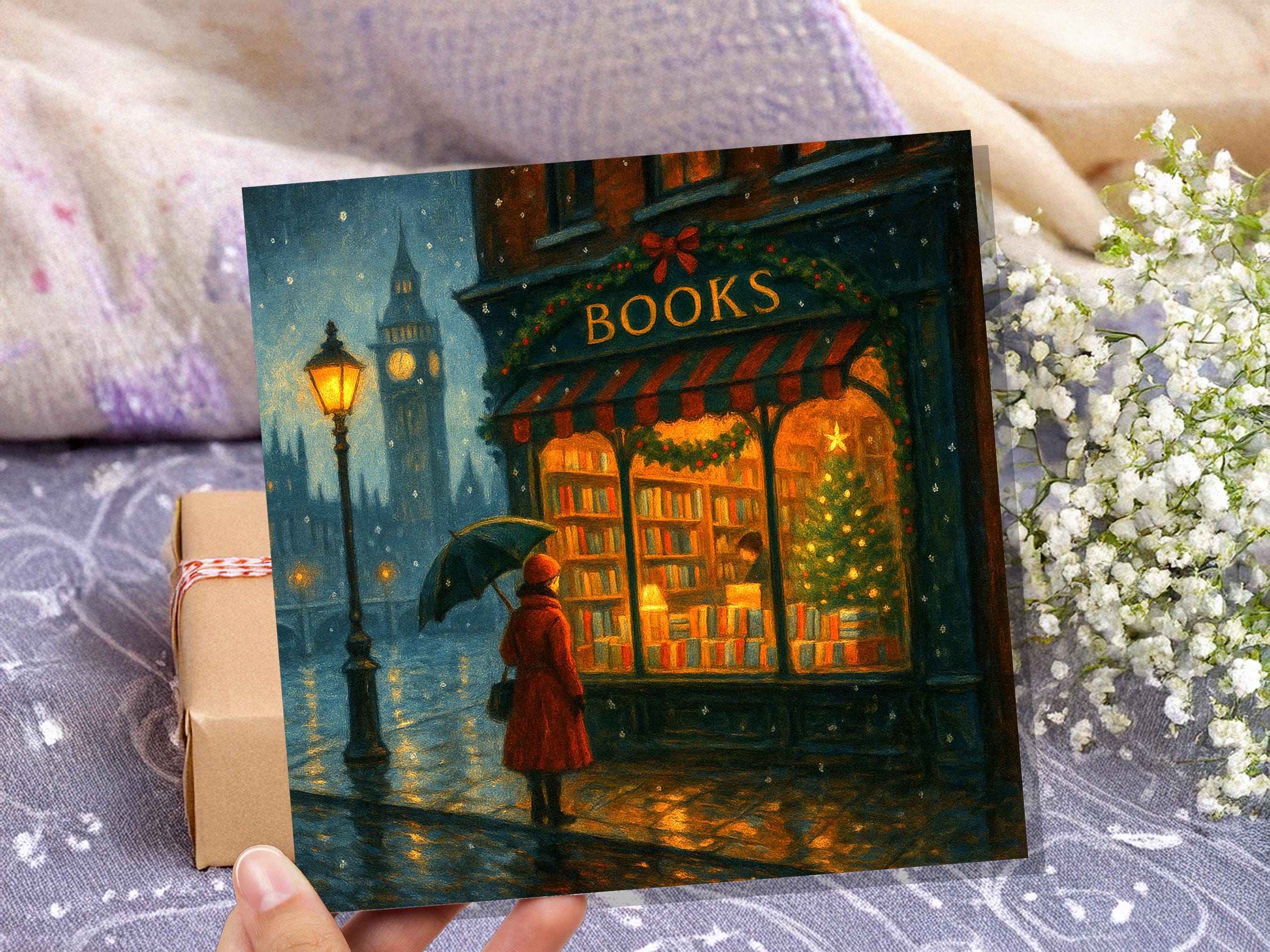 London Christmas Bookshop Card Big Ben Snow Scene Winter City Night Cosy Bookstore Painting Vintage for Book Lover Friends Family Xmas 2025 - View 5