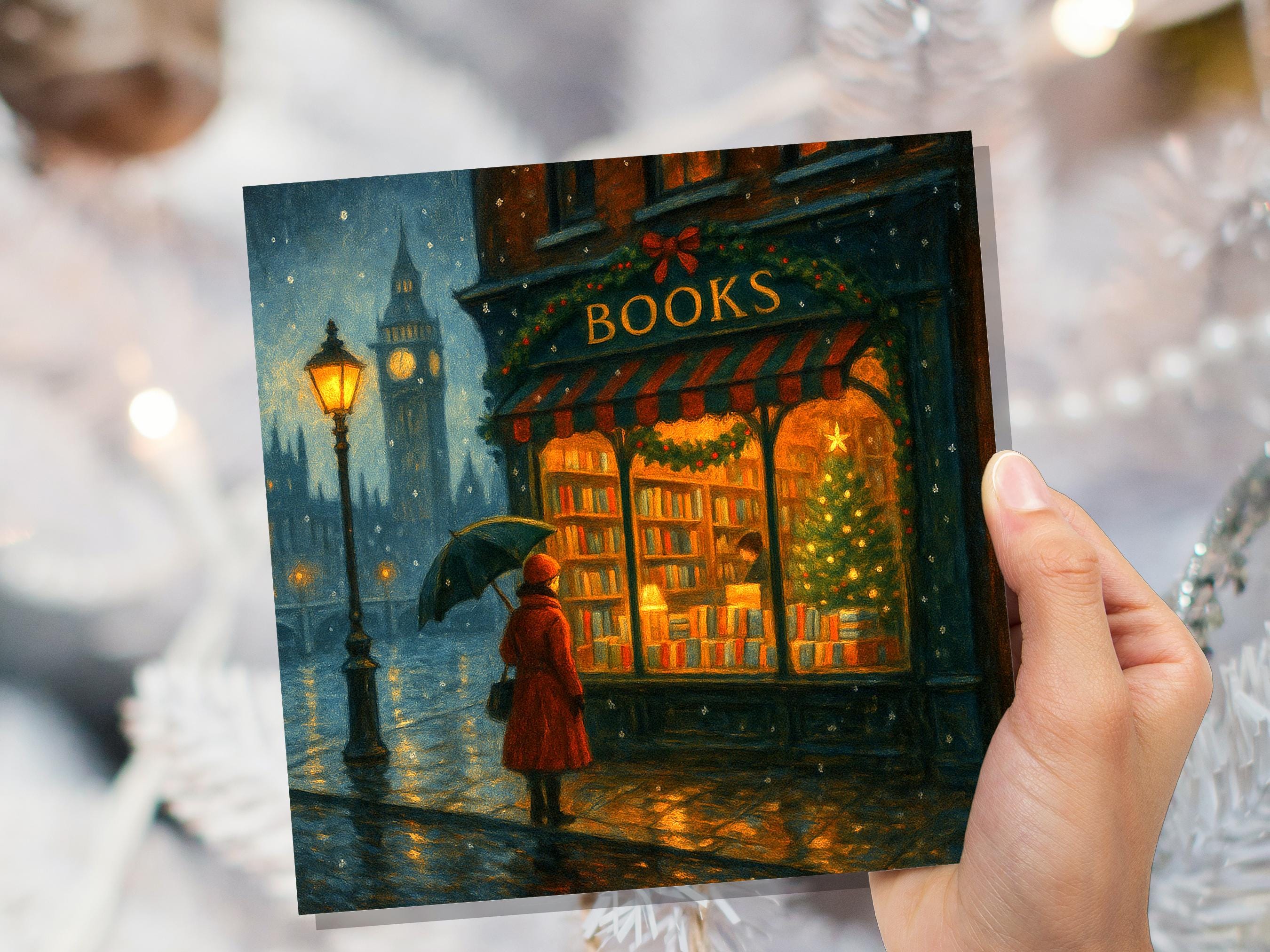 London Christmas Bookshop Card Big Ben Snow Scene Winter City Night Cosy Bookstore Painting Vintage for Book Lover Friends Family Xmas 2025 - View 3