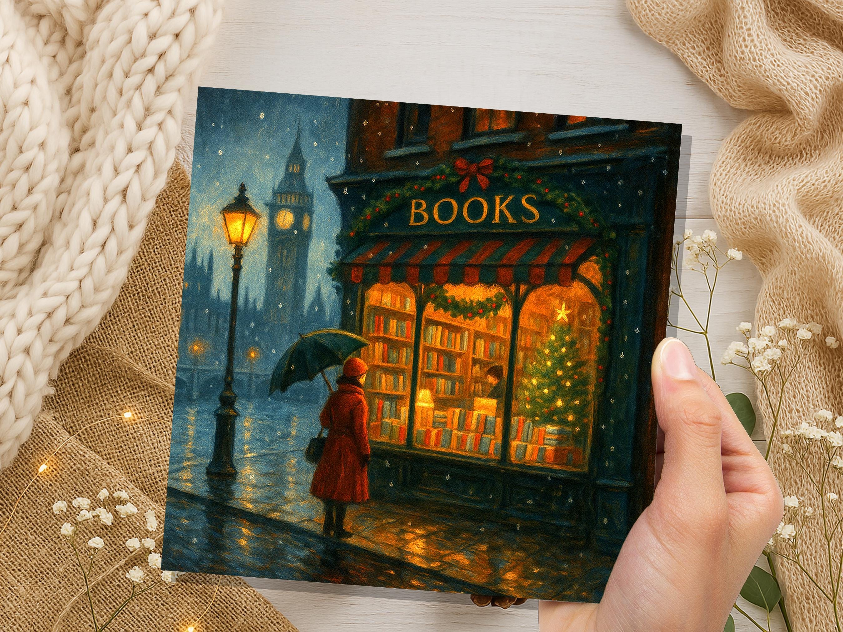 London Christmas Bookshop Card Big Ben Snow Scene Winter City Night Cosy Bookstore Painting Vintage for Book Lover Friends Family Xmas 2025